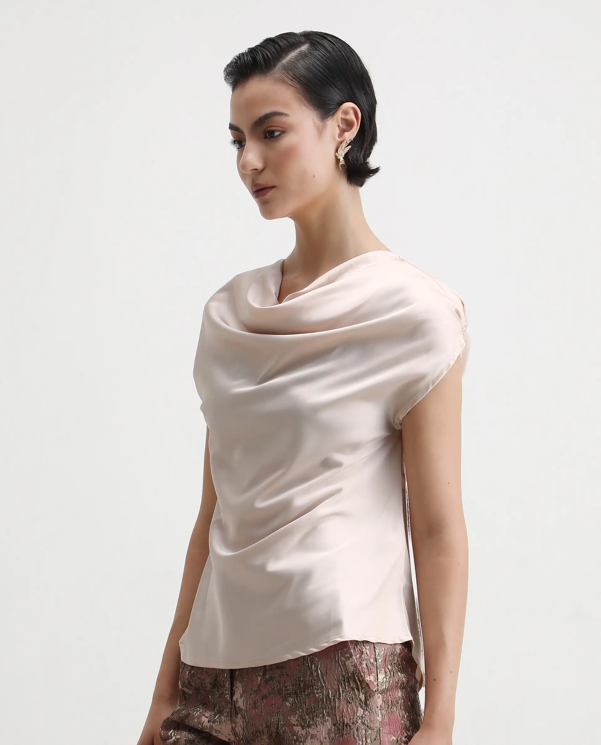 Rareism Women's Hawter Beige Polyester Cowl Neck Plain Cap Sleeve Regular Fit Top - Image 4
