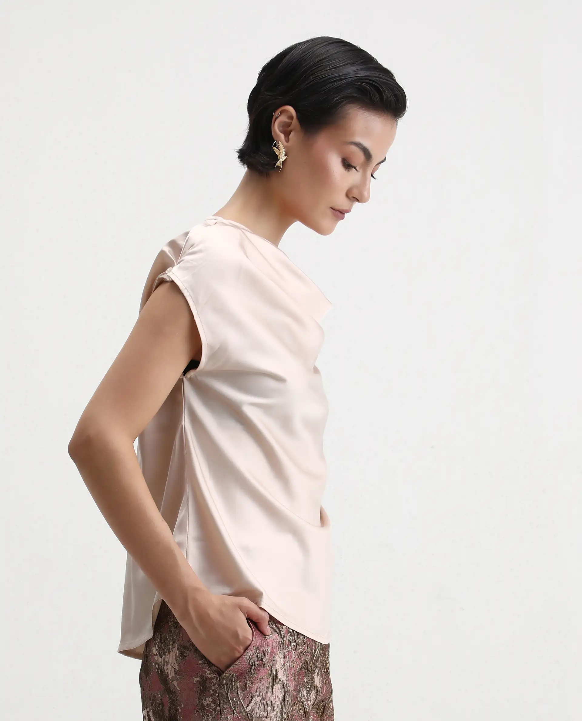 Rareism Women's Hawter Beige Polyester Cowl Neck Plain Cap Sleeve Regular Fit Top - Image 5
