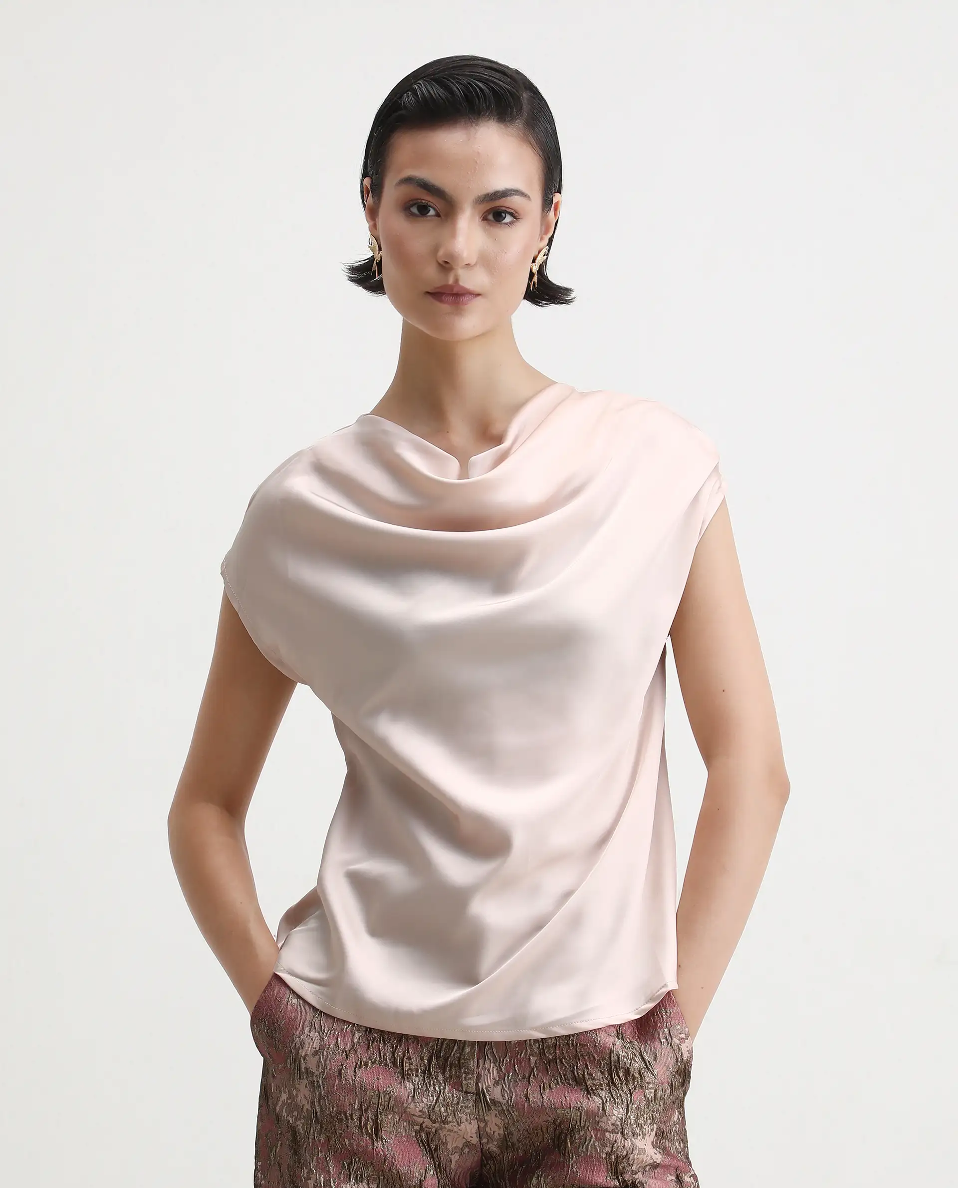 Rareism Women's Hawter Beige Polyester Cowl Neck Plain Cap Sleeve Regular Fit Top - Image 6
