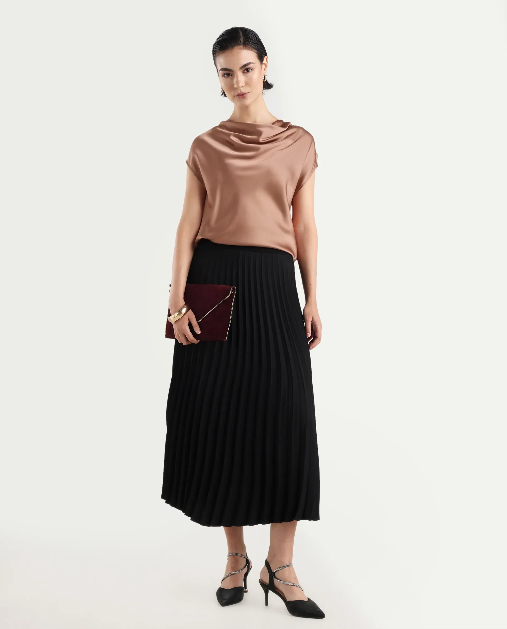 Rareism Women's Hawter Brown Polyester Cowl Neck Plain Cap Sleeve Regular Fit Top - Image 2
