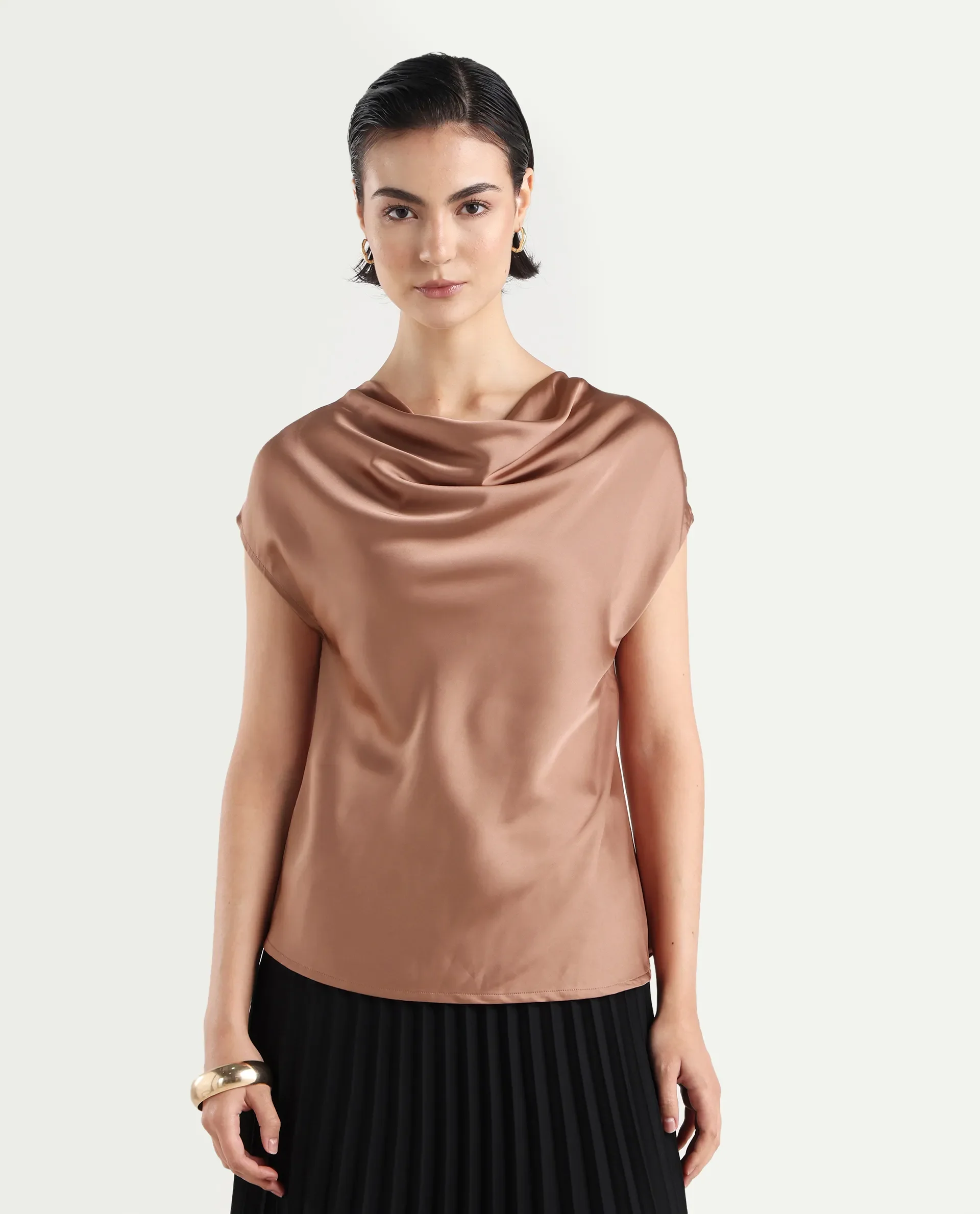 Rareism Women's Hawter Brown Polyester Cowl Neck Plain Cap Sleeve Regular Fit Top - Image 3