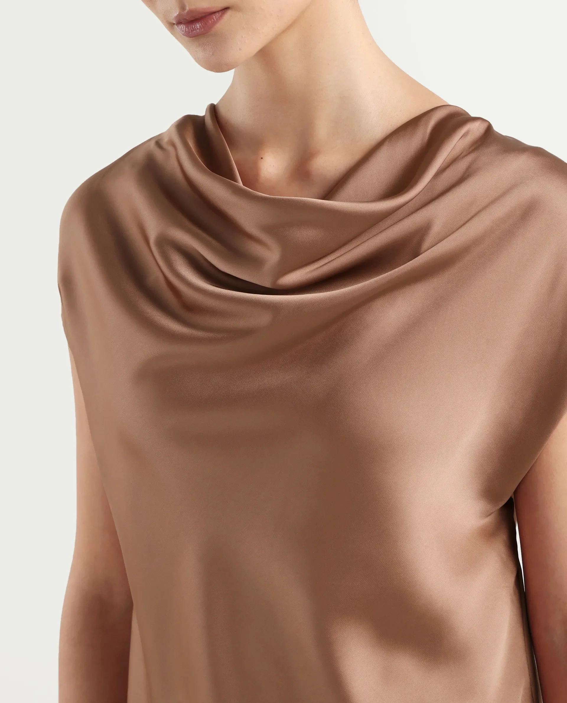 Rareism Women's Hawter Brown Polyester Cowl Neck Plain Cap Sleeve Regular Fit Top - Image 4