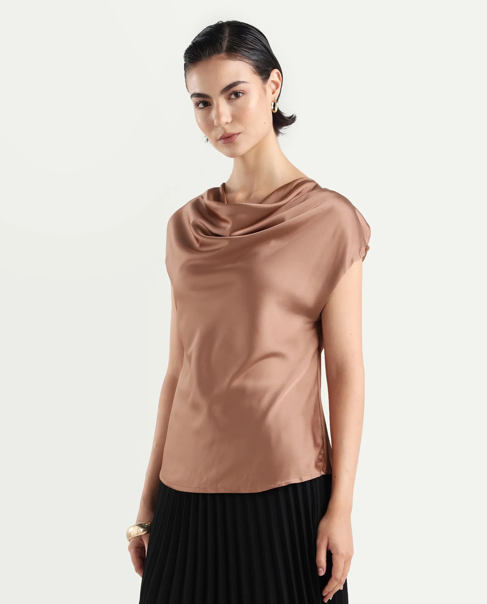 Rareism Women's Hawter Brown Polyester Cowl Neck Plain Cap Sleeve Regular Fit Top - Image 5