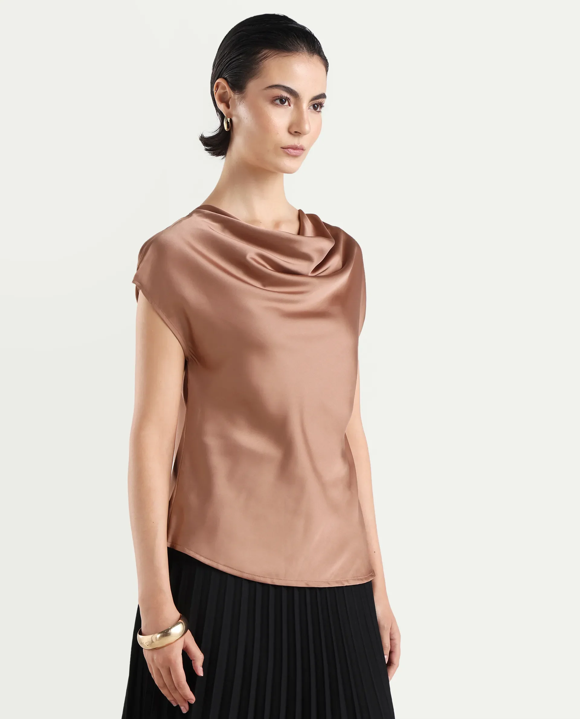 Rareism Women's Hawter Brown Polyester Cowl Neck Plain Cap Sleeve Regular Fit Top - Image 6