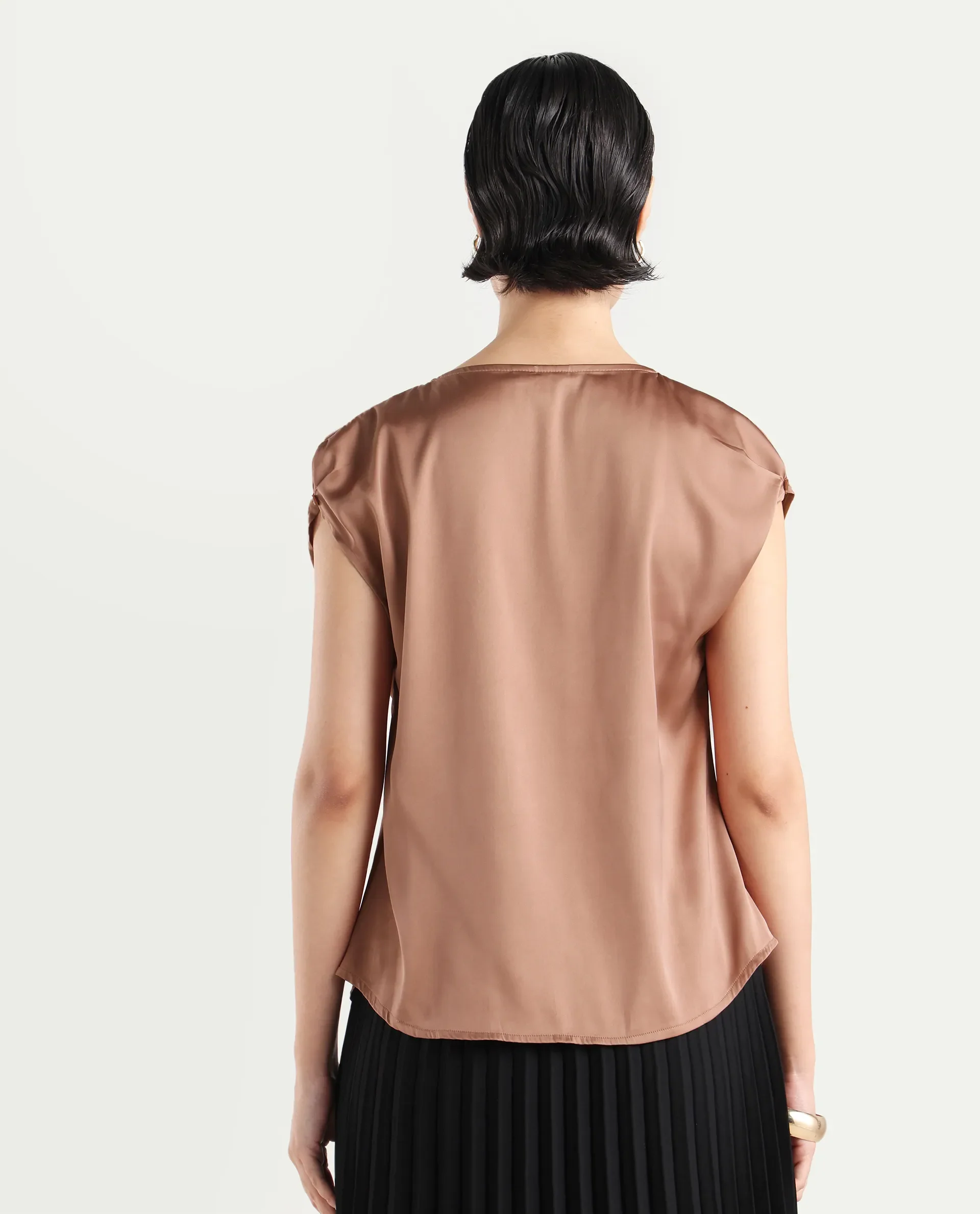Rareism Women's Hawter Brown Polyester Cowl Neck Plain Cap Sleeve Regular Fit Top - Image 7