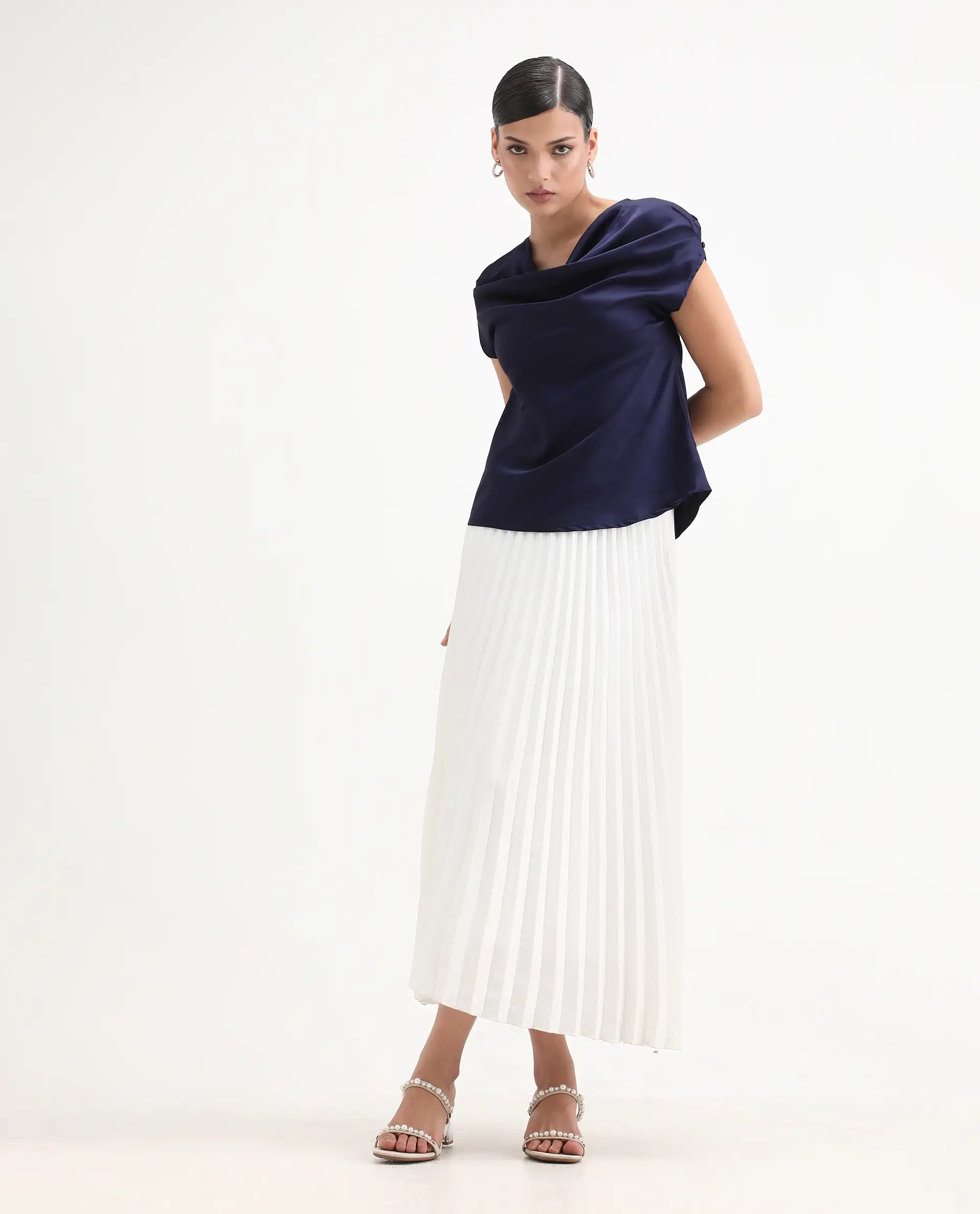 Rareism Women's Hawter Navy Polyester Cowl Neck Plain Cap Sleeve Regular Fit Top - Image 2