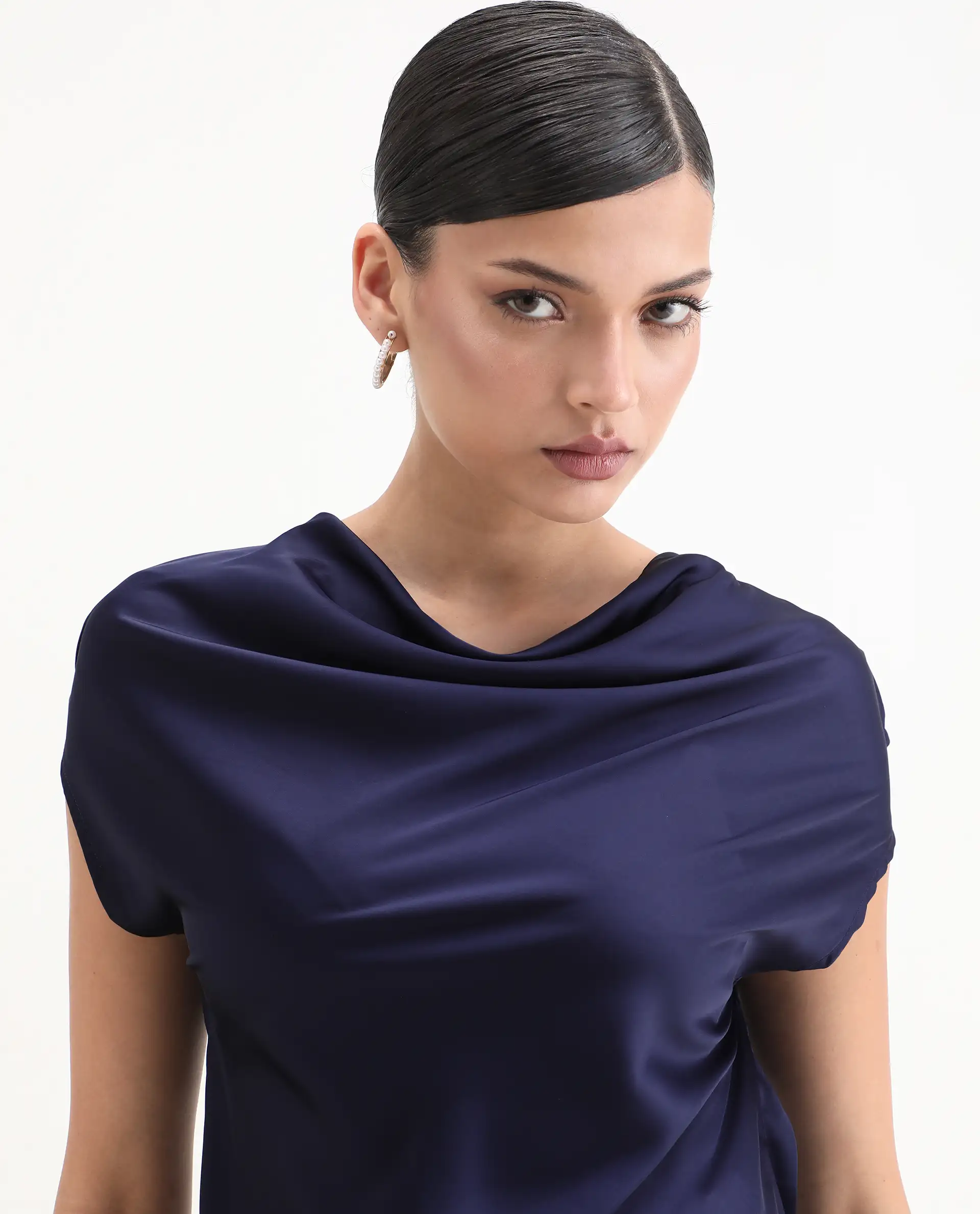 Rareism Women's Hawter Navy Polyester Cowl Neck Plain Cap Sleeve Regular Fit Top - Image 3