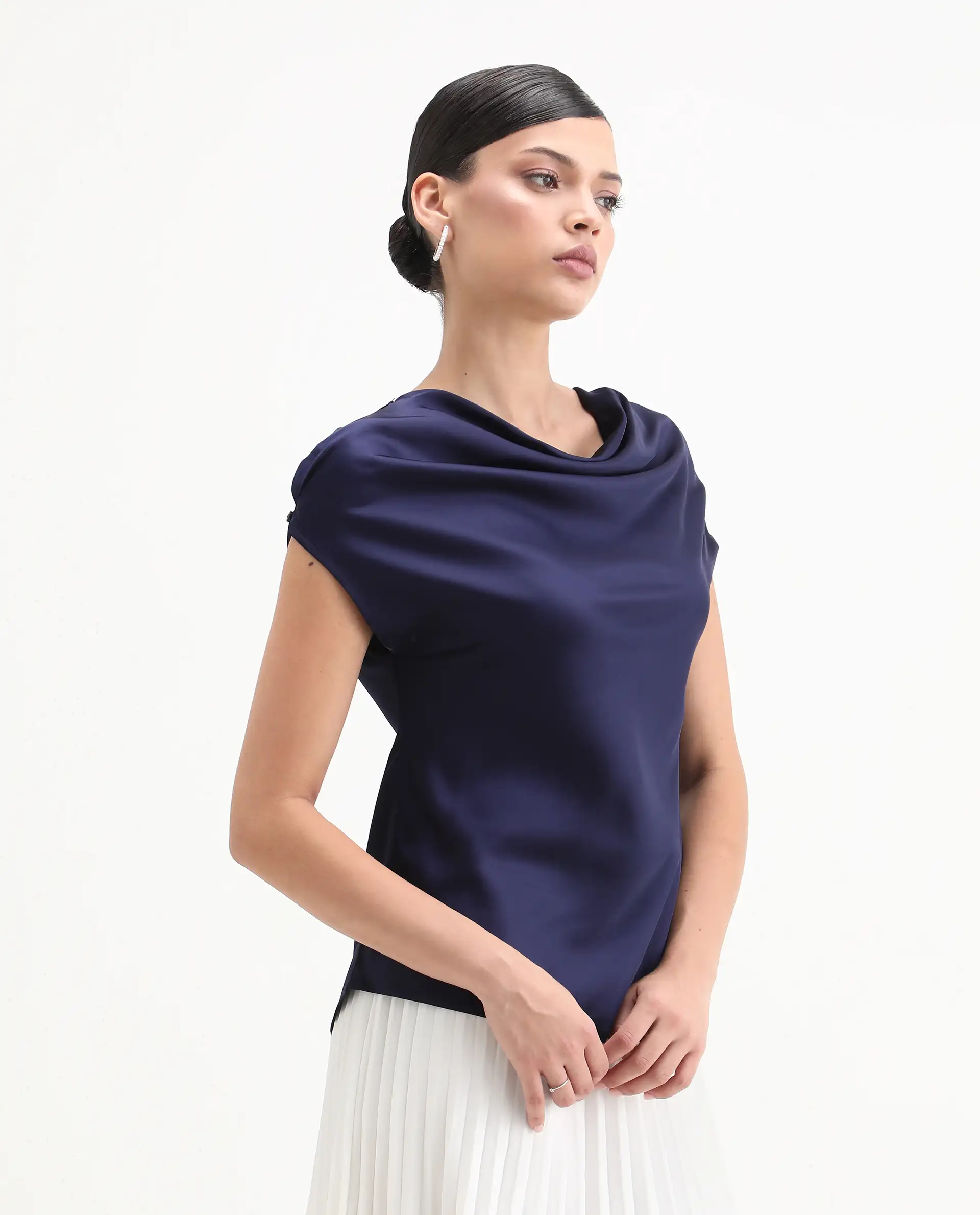Rareism Women's Hawter Navy Polyester Cowl Neck Plain Cap Sleeve Regular Fit Top - Image 4