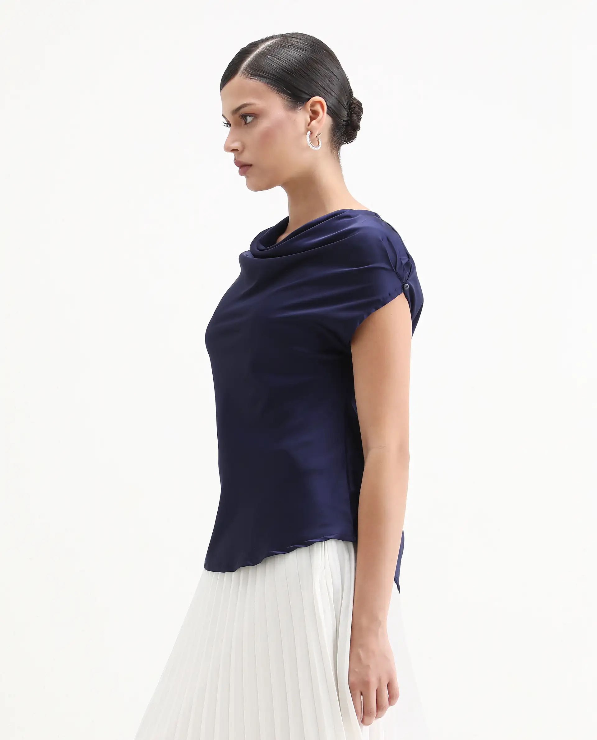 Rareism Women's Hawter Navy Polyester Cowl Neck Plain Cap Sleeve Regular Fit Top - Image 5