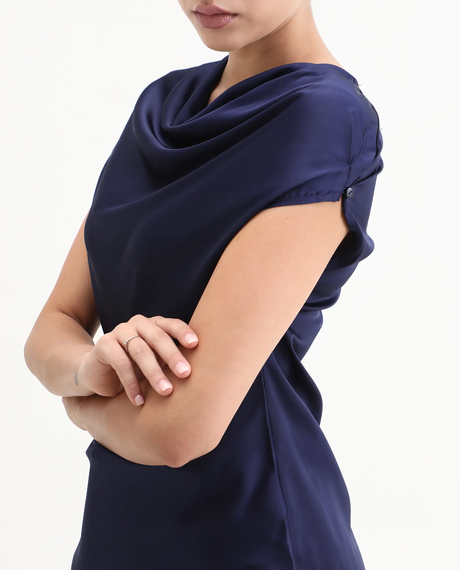 Rareism Women's Hawter Navy Polyester Cowl Neck Plain Cap Sleeve Regular Fit Top - Image 6