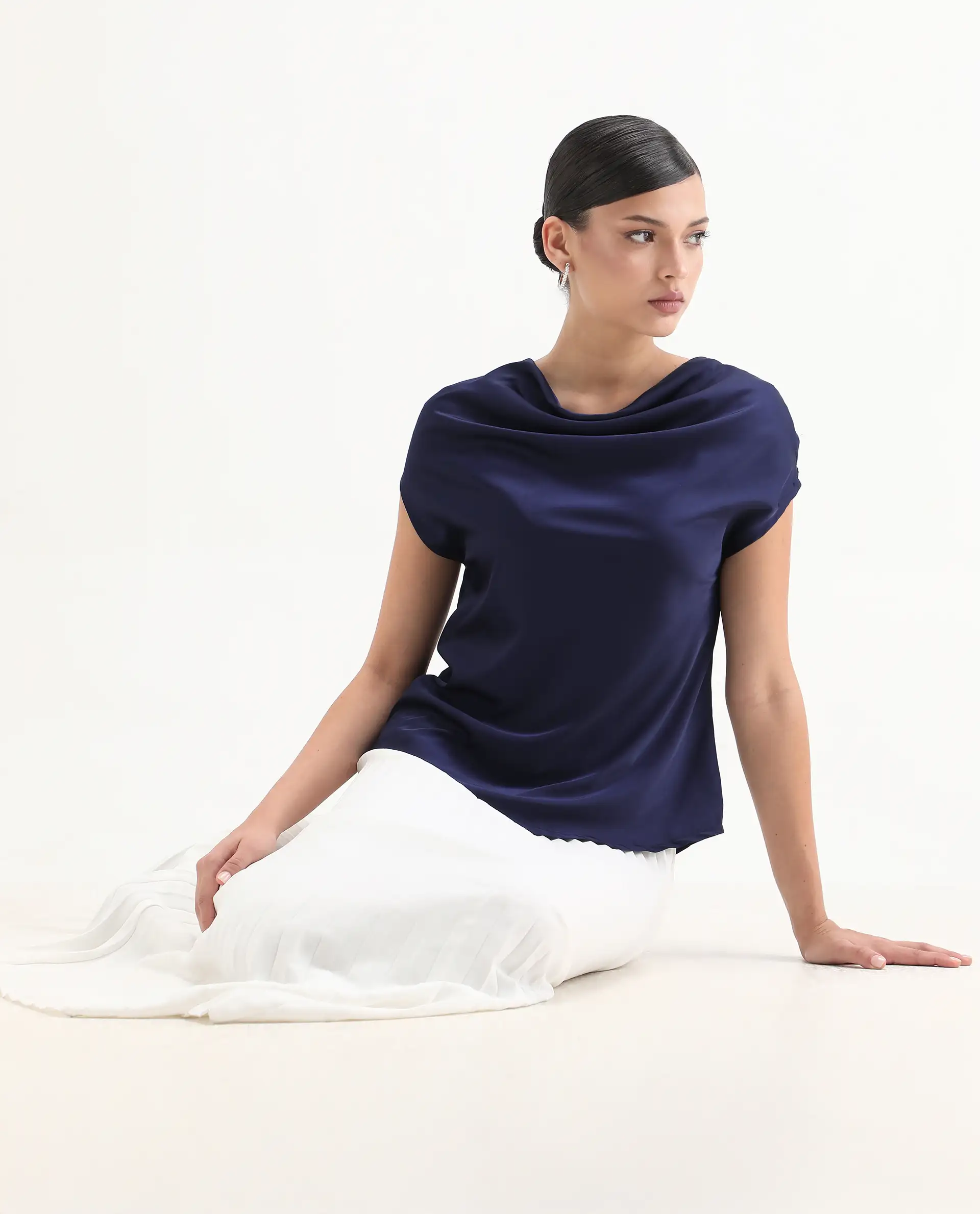 Rareism Women's Hawter Navy Polyester Cowl Neck Plain Cap Sleeve Regular Fit Top - Image 7