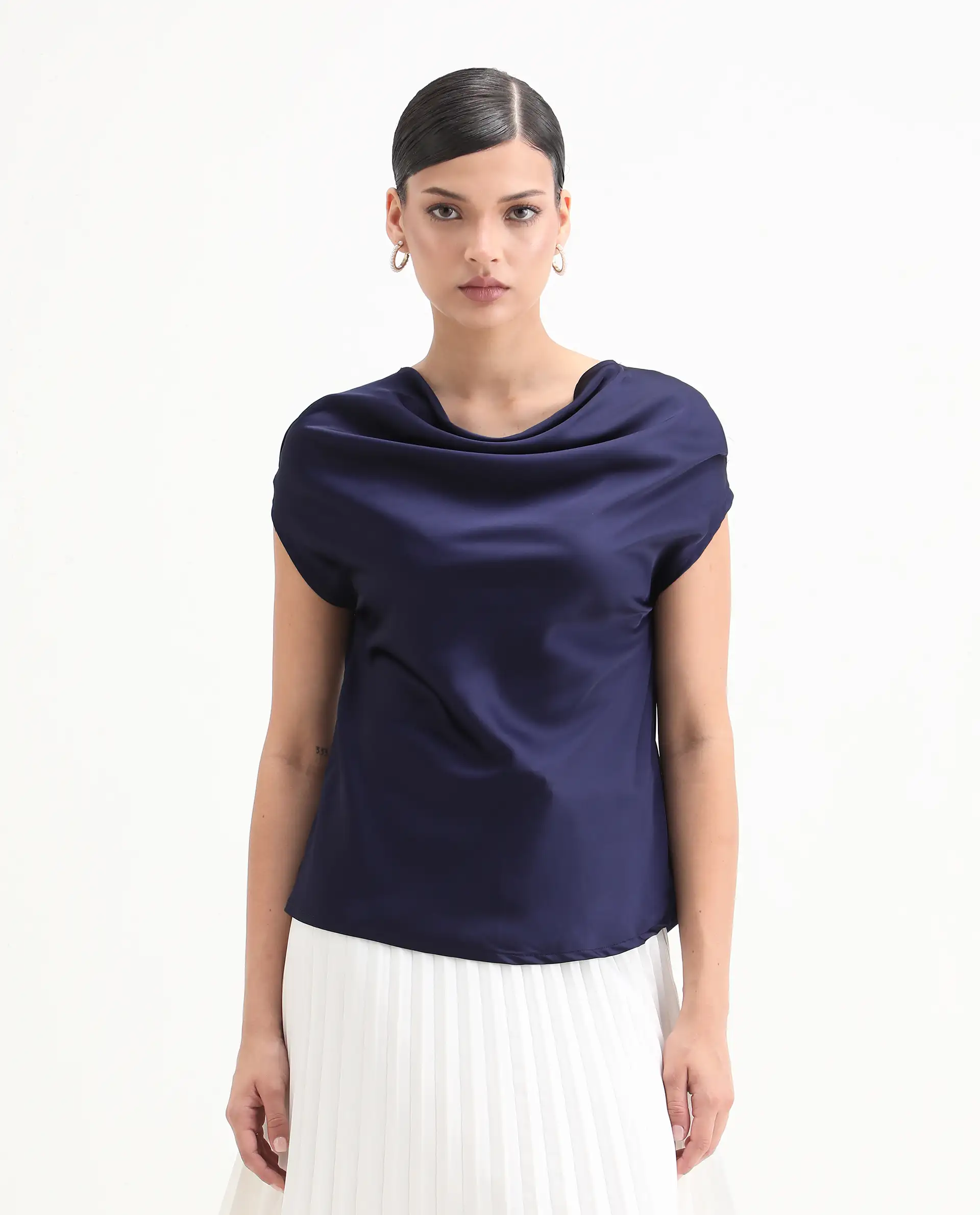 Rareism Women's Hawter Navy Polyester Cowl Neck Plain Cap Sleeve Regular Fit Top - Image 8