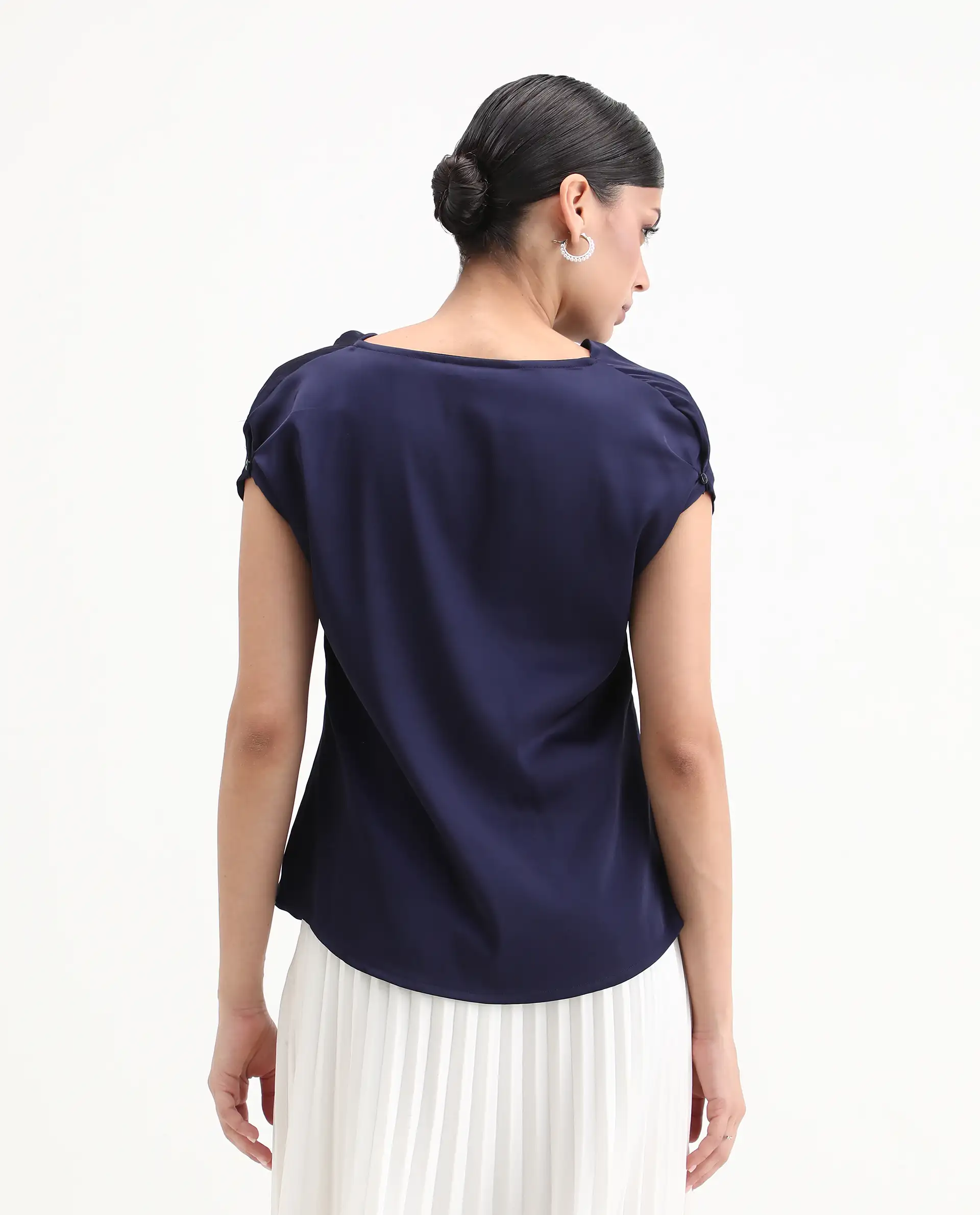 Rareism Women's Hawter Navy Polyester Cowl Neck Plain Cap Sleeve Regular Fit Top - Image 9
