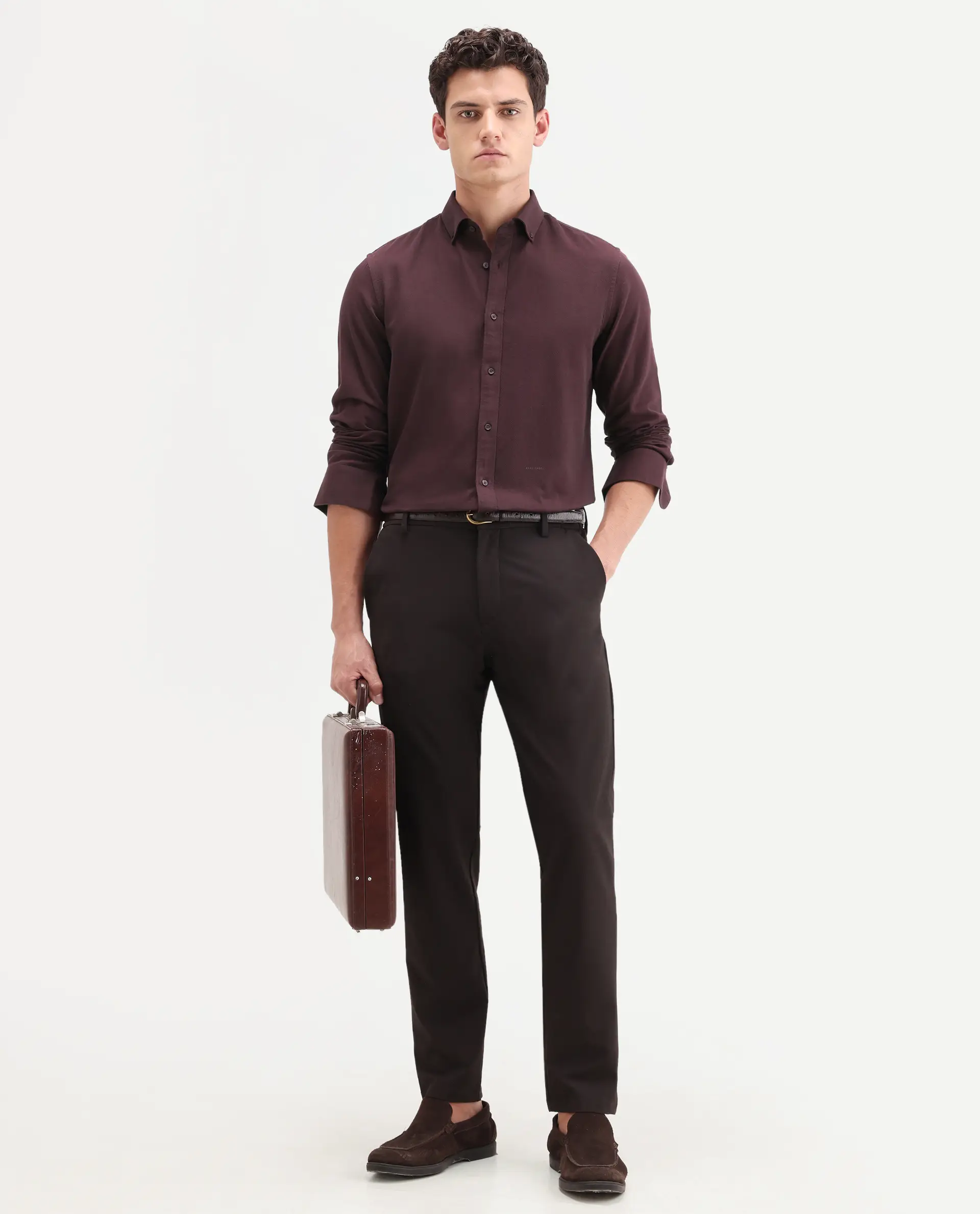 Rare Rabbit Men's Hax-P Dark Maroon Cotton Blend Fabric Full Sleeve Spread Collar Button Regular Fit Plain Shirt - Image 2
