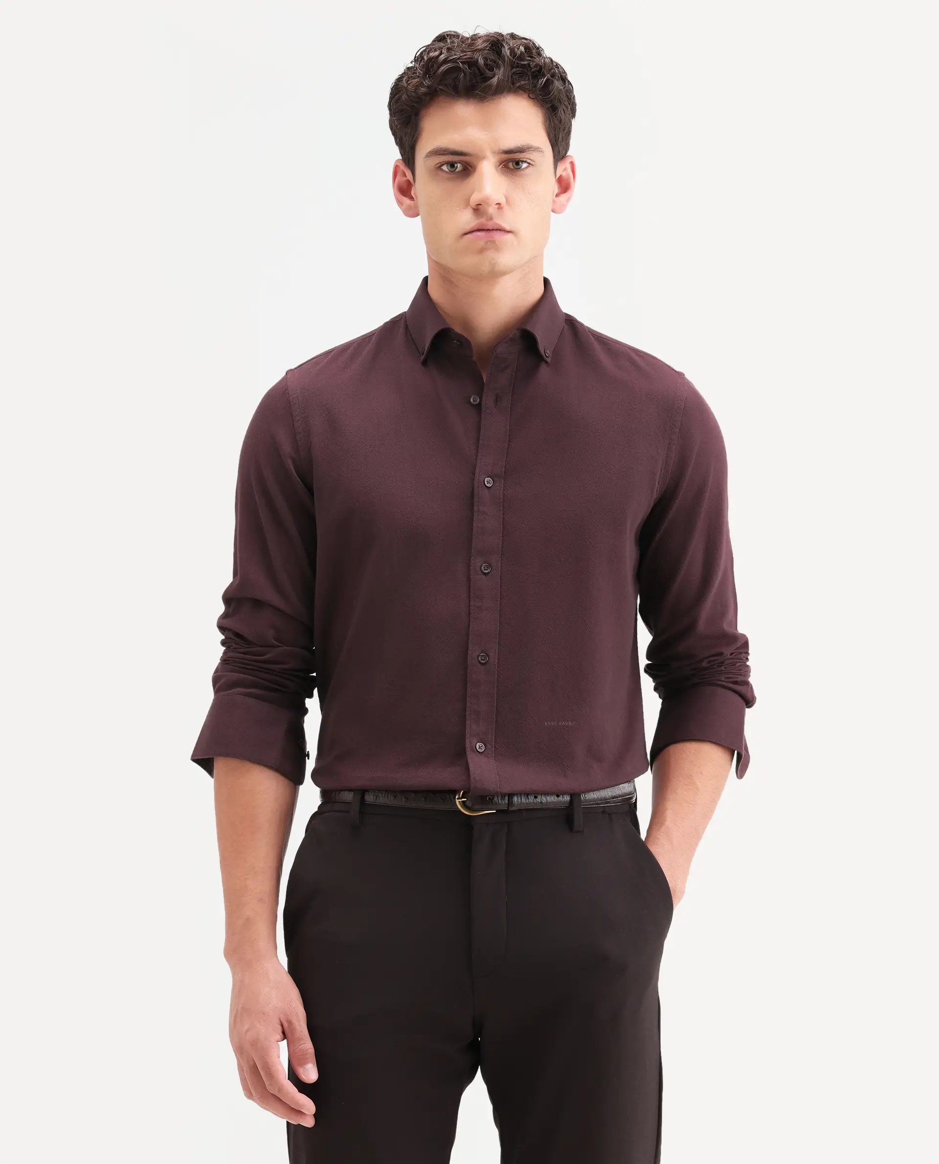 Rare Rabbit Men's Hax-P Dark Maroon Cotton Blend Fabric Full Sleeve Spread Collar Button Regular Fit Plain Shirt - Image 4