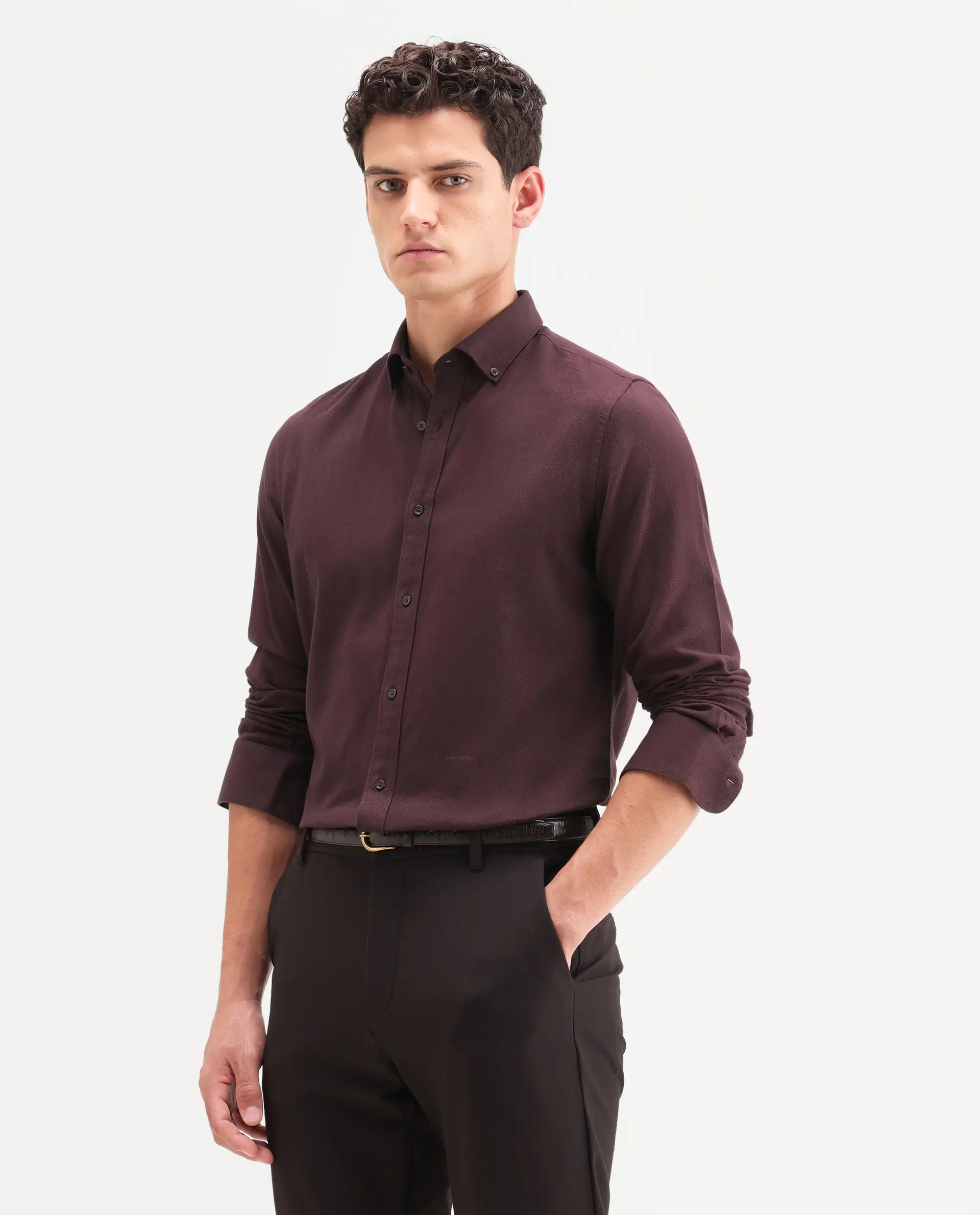 Rare Rabbit Men's Hax-P Dark Maroon Cotton Blend Fabric Full Sleeve Spread Collar Button Regular Fit Plain Shirt - Image 5