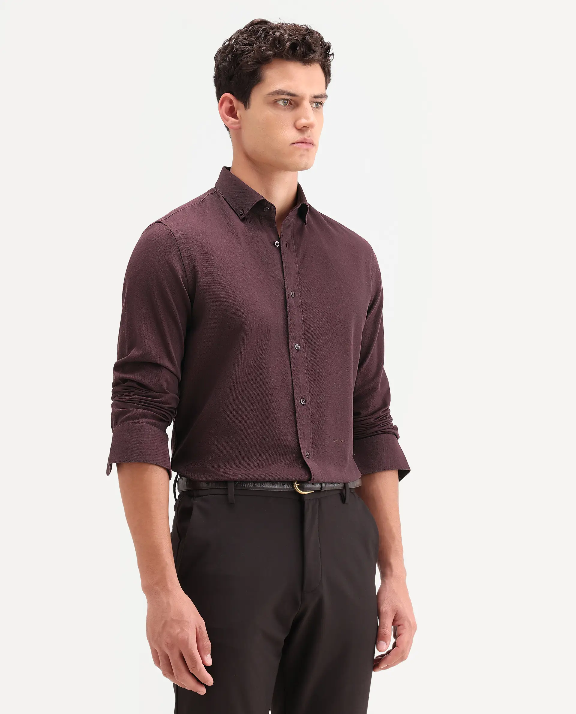 Rare Rabbit Men's Hax-P Dark Maroon Cotton Blend Fabric Full Sleeve Spread Collar Button Regular Fit Plain Shirt - Image 6
