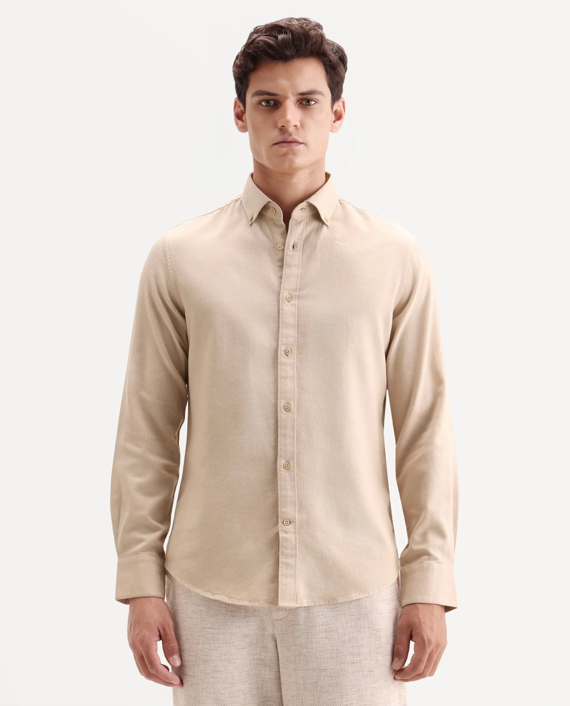 Rare Rabbit Men's Hax-P Light Mustard Cotton Blend Fabric Full Sleeve Spread Collar Button Regular Plain Shirt - Image 4