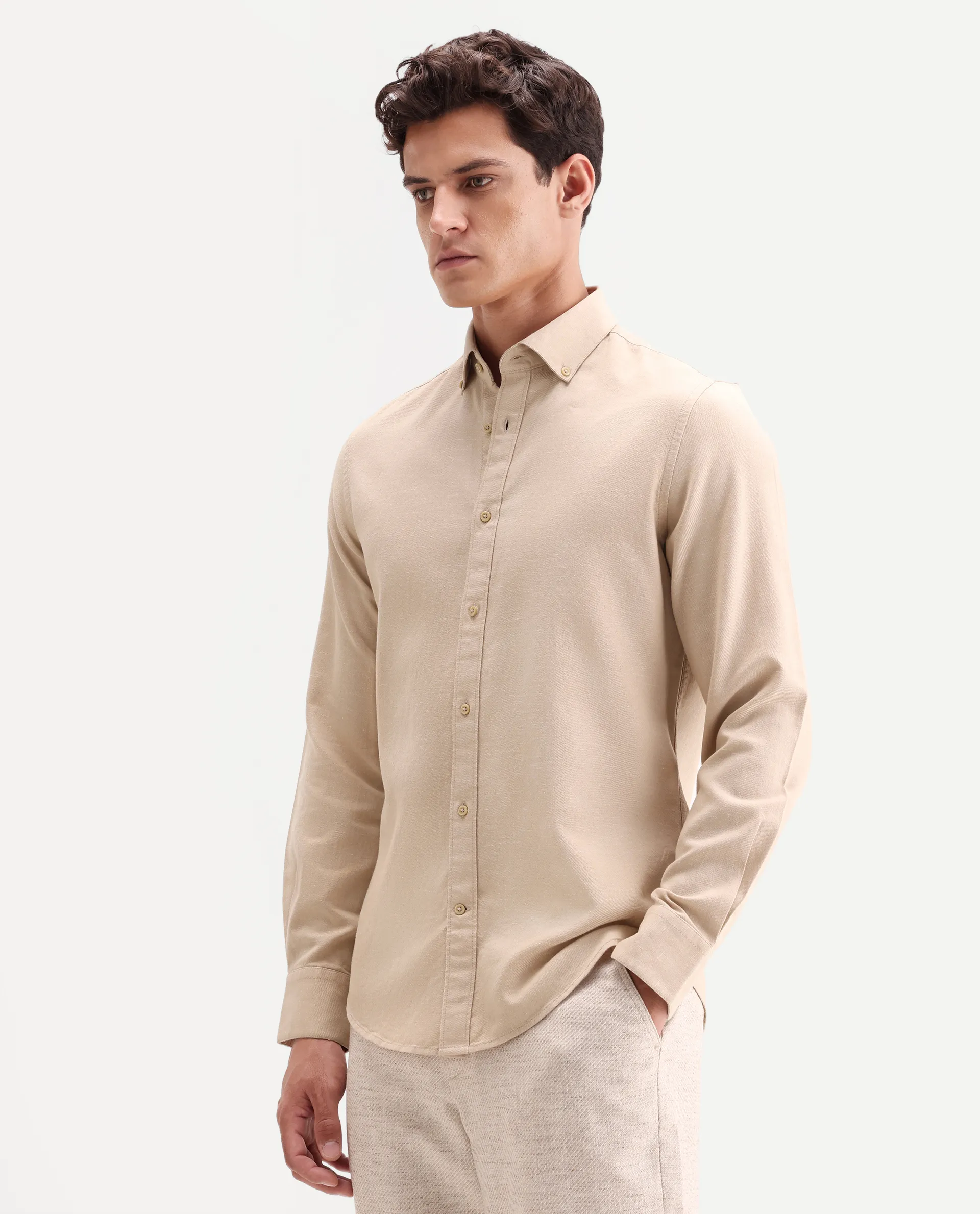 Rare Rabbit Men's Hax-P Light Mustard Cotton Blend Fabric Full Sleeve Spread Collar Button Regular Plain Shirt - Image 5