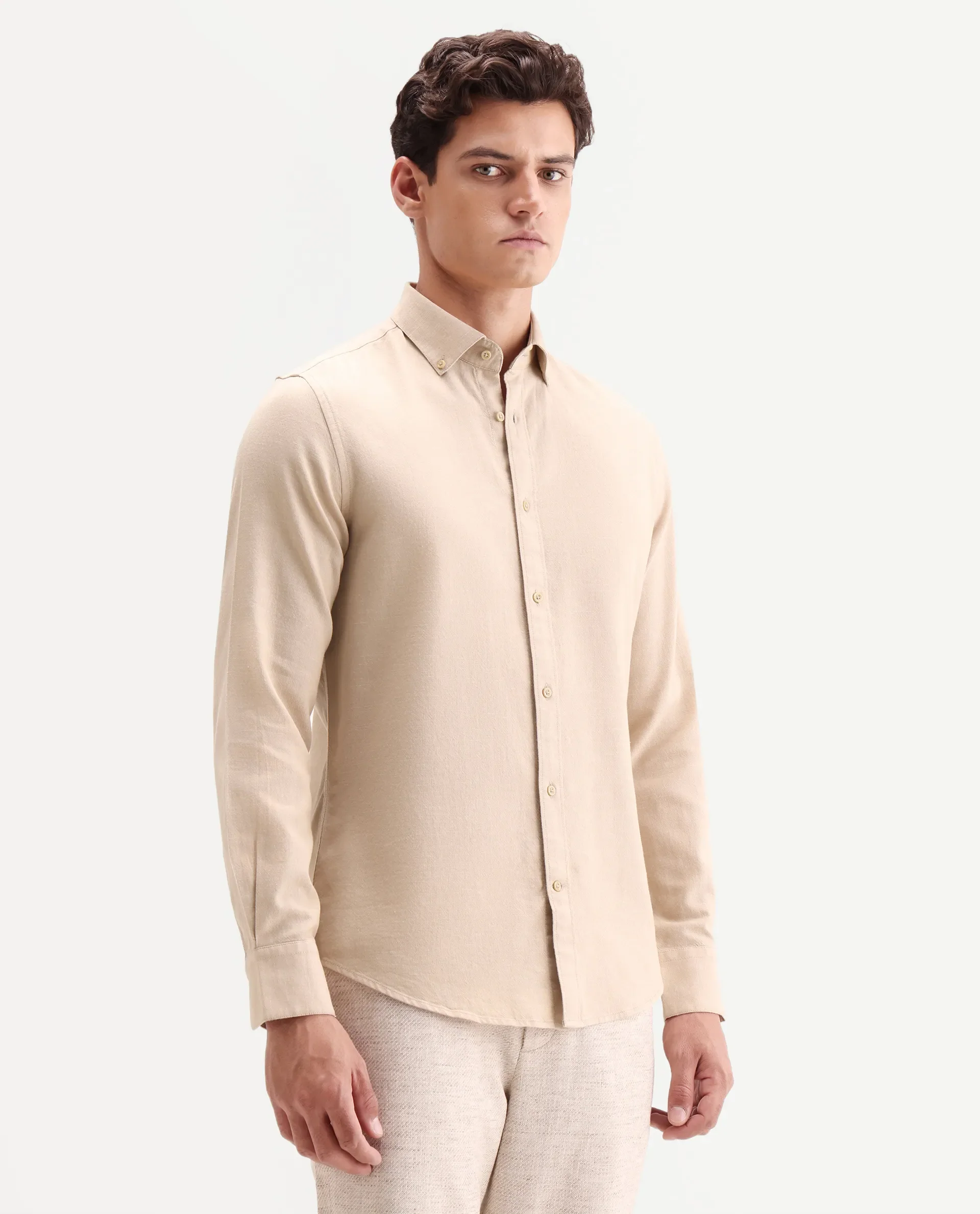 Rare Rabbit Men's Hax-P Light Mustard Cotton Blend Fabric Full Sleeve Spread Collar Button Regular Plain Shirt - Image 6