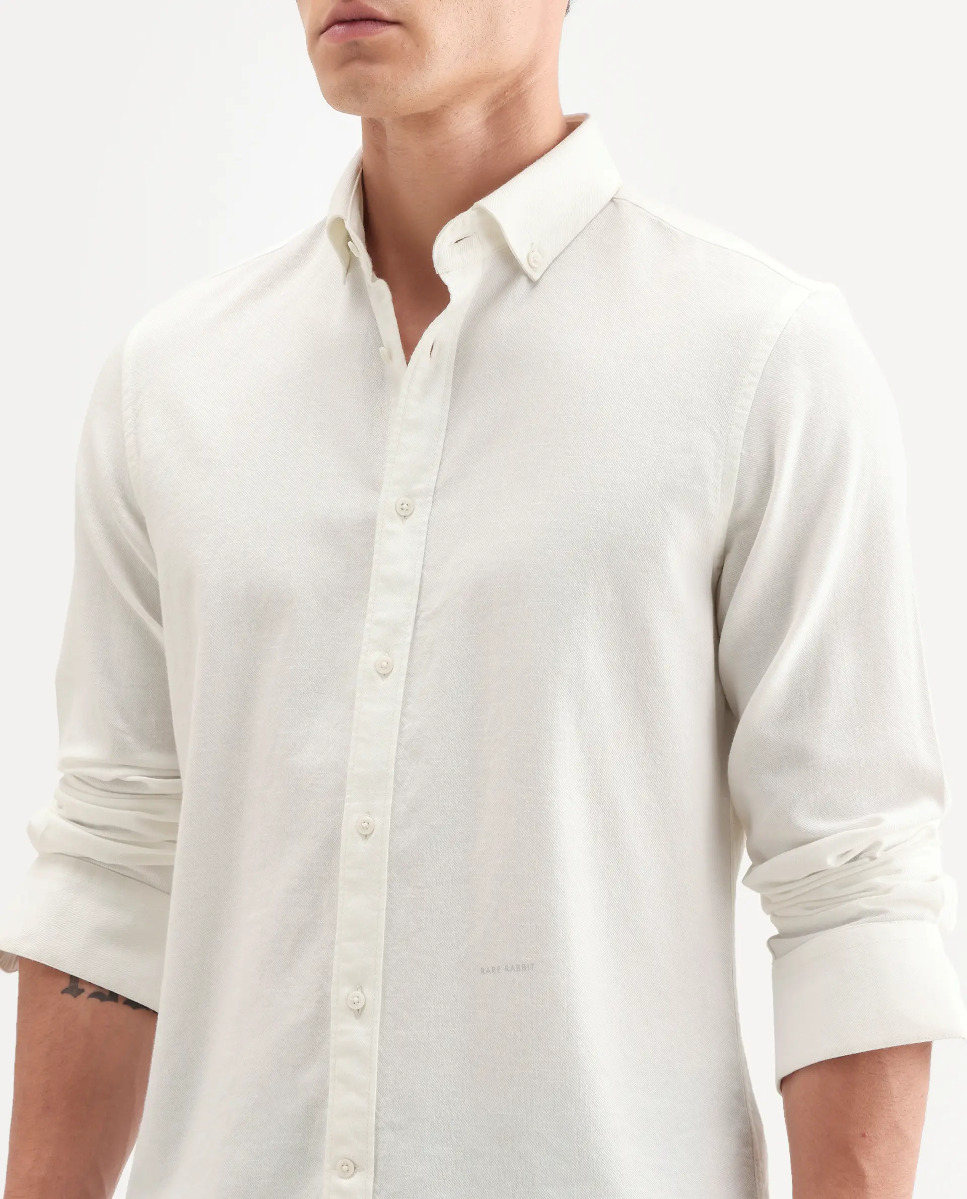Rare Rabbit Men's Hax-P Off White Cotton Blend Fabric Full Sleeve Spread Collar Button Regular Plain Shirt - Image 3