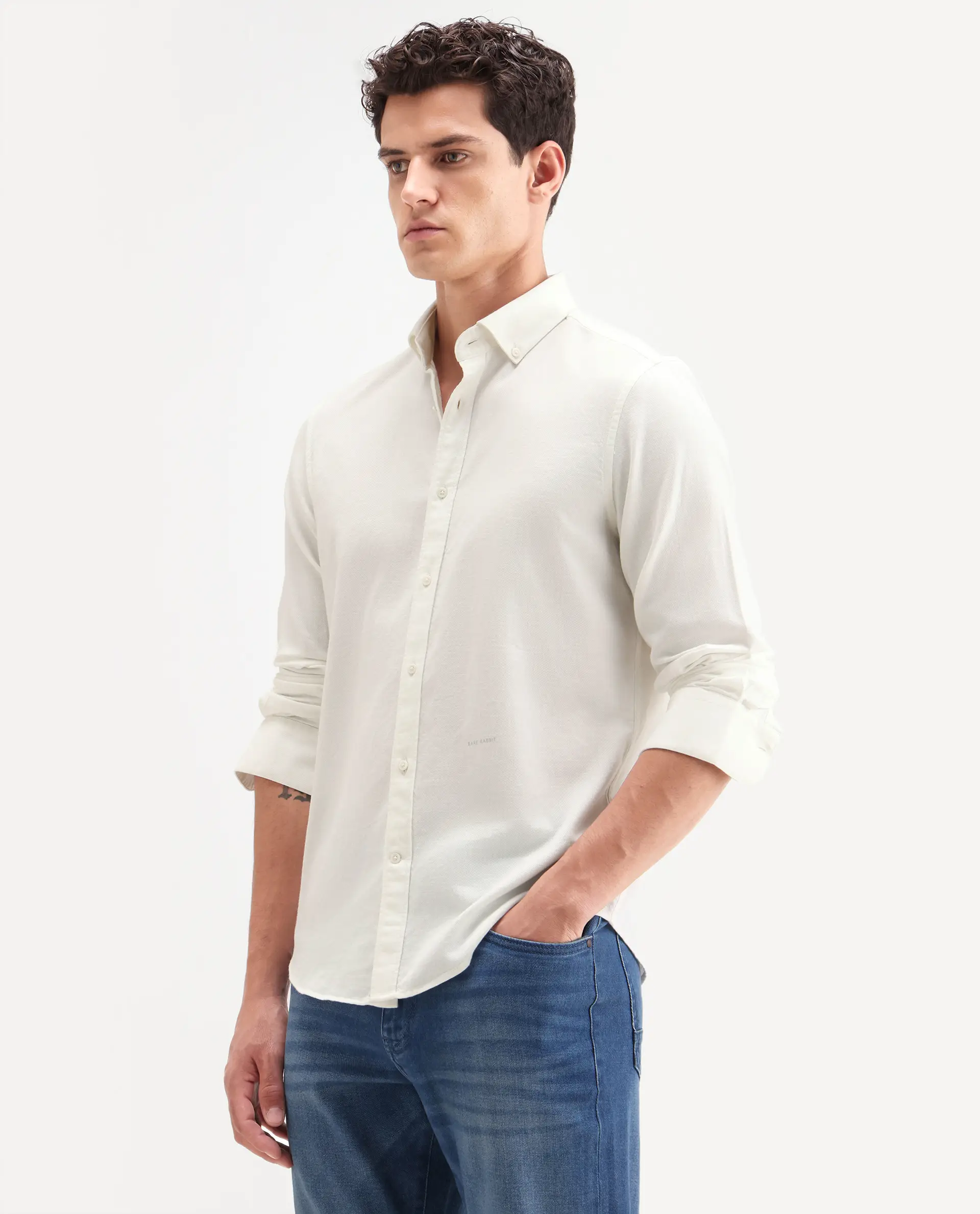 Rare Rabbit Men's Hax-P Off White Cotton Blend Fabric Full Sleeve Spread Collar Button Regular Plain Shirt - Image 4