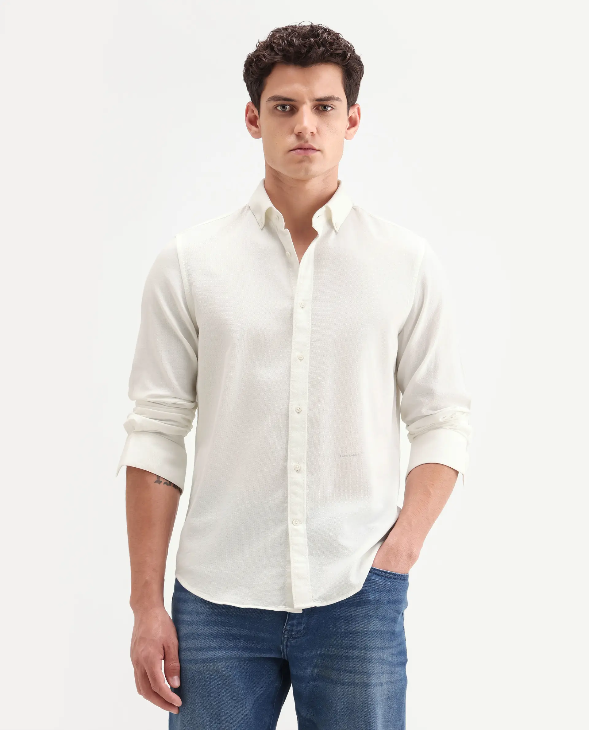 Rare Rabbit Men's Hax-P Off White Cotton Blend Fabric Full Sleeve Spread Collar Button Regular Plain Shirt - Image 5