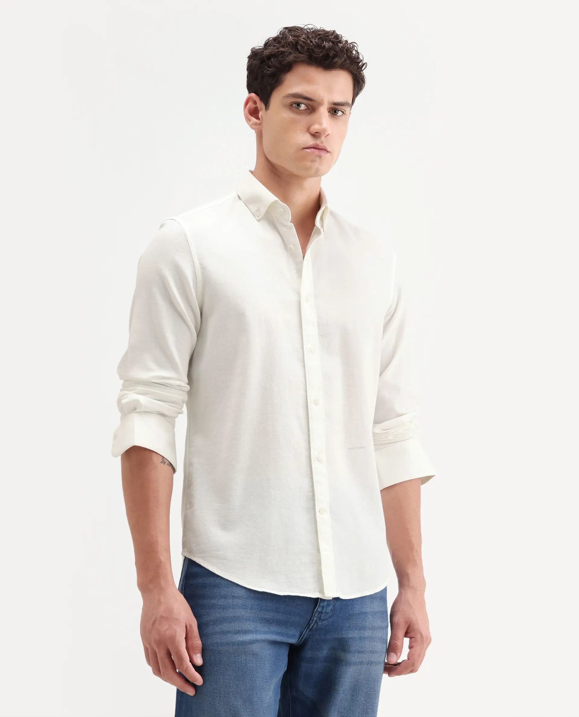 Rare Rabbit Men's Hax-P Off White Cotton Blend Fabric Full Sleeve Spread Collar Button Regular Plain Shirt - Image 6