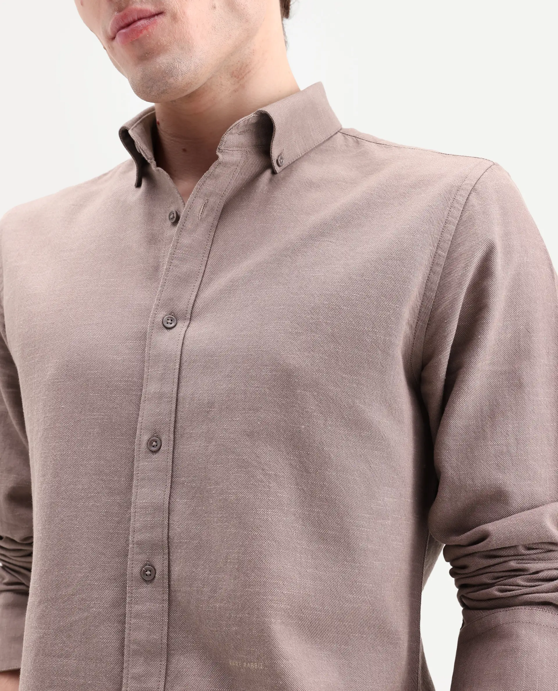 Rare Rabbit Men's Hax-P Pastel Brown Cotton Blend Fabric Full Sleeve Spread Collar Button Regular Plain Shirt - Image 2