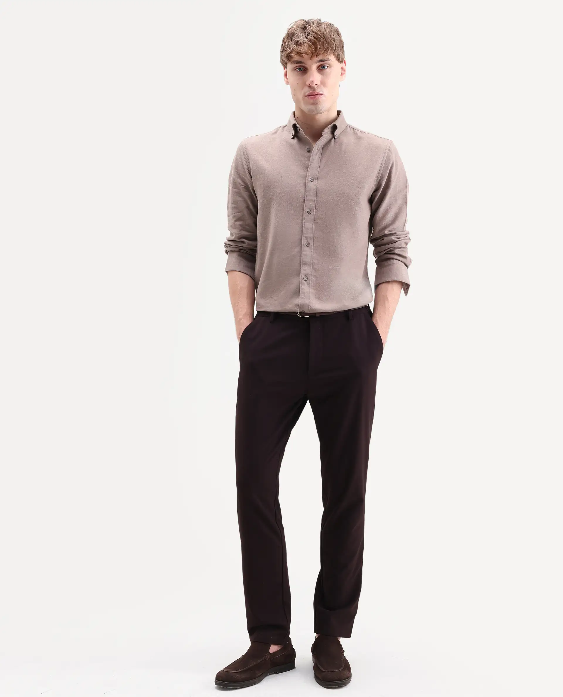 Rare Rabbit Men's Hax-P Pastel Brown Cotton Blend Fabric Full Sleeve Spread Collar Button Regular Plain Shirt - Image 3