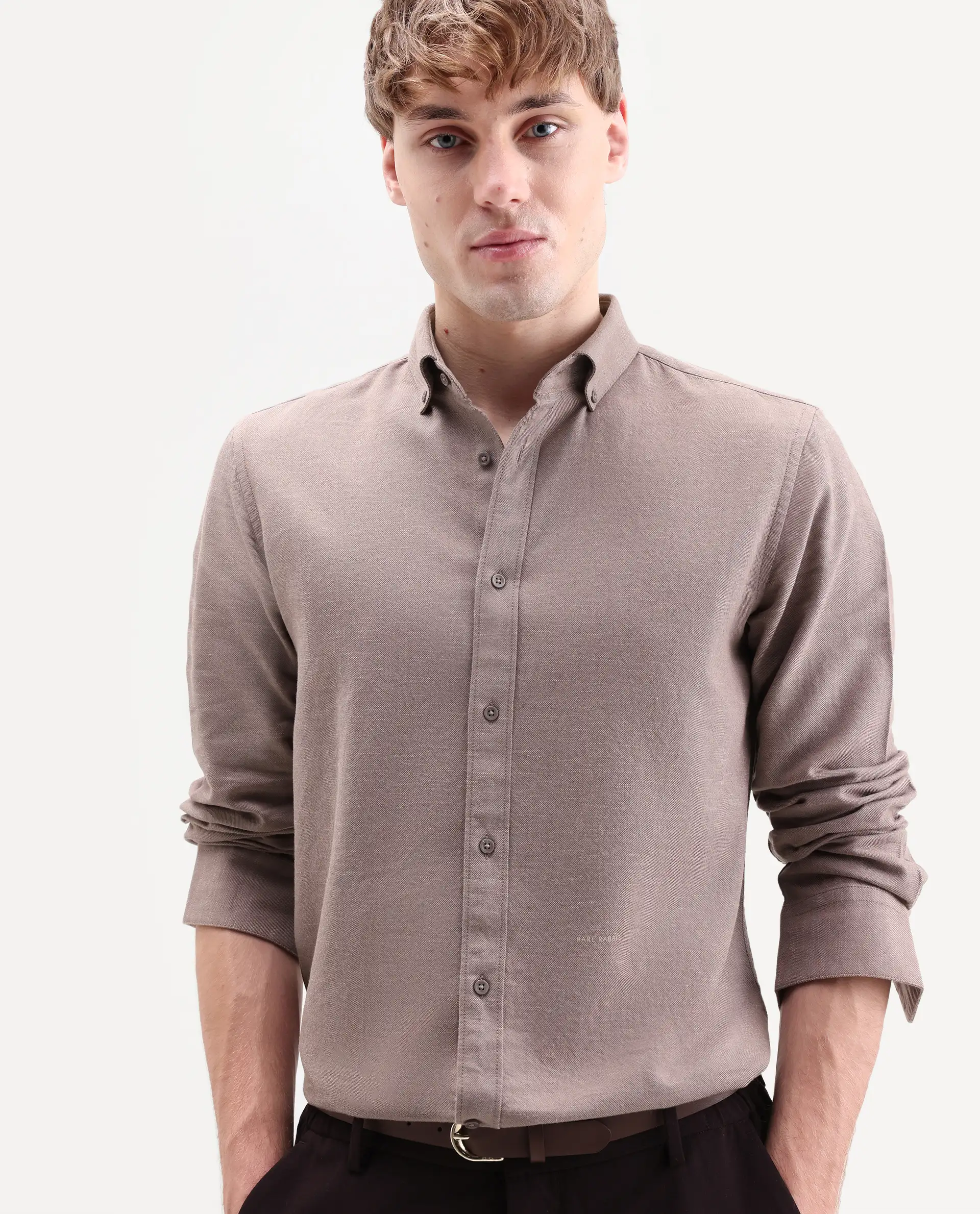 Rare Rabbit Men's Hax-P Pastel Brown Cotton Blend Fabric Full Sleeve Spread Collar Button Regular Plain Shirt - Image 4