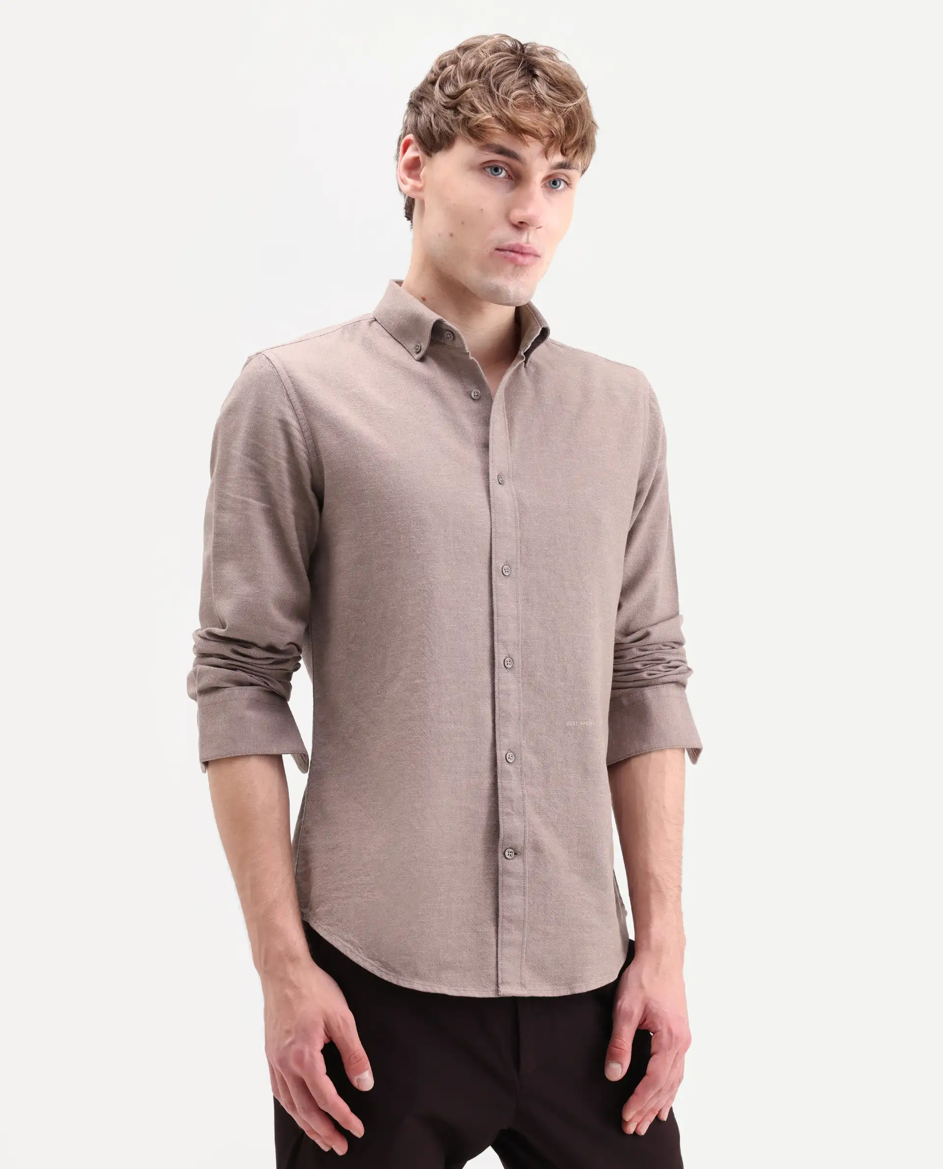 Rare Rabbit Men's Hax-P Pastel Brown Cotton Blend Fabric Full Sleeve Spread Collar Button Regular Plain Shirt - Image 5