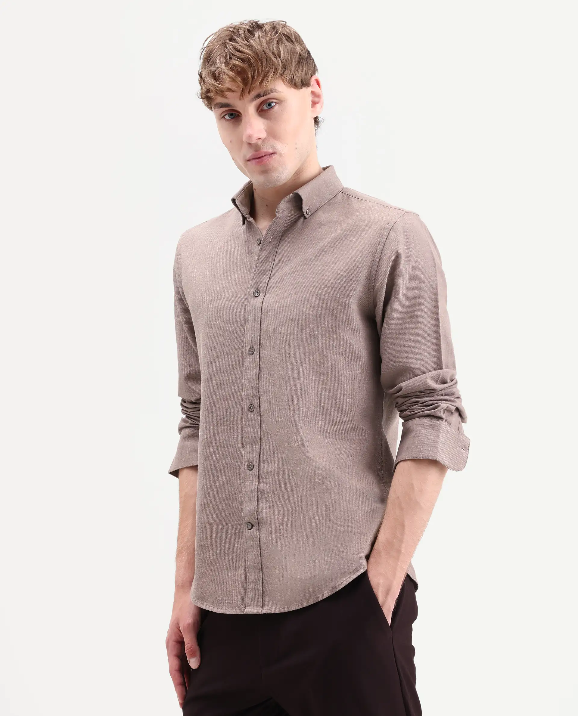 Rare Rabbit Men's Hax-P Pastel Brown Cotton Blend Fabric Full Sleeve Spread Collar Button Regular Plain Shirt - Image 6