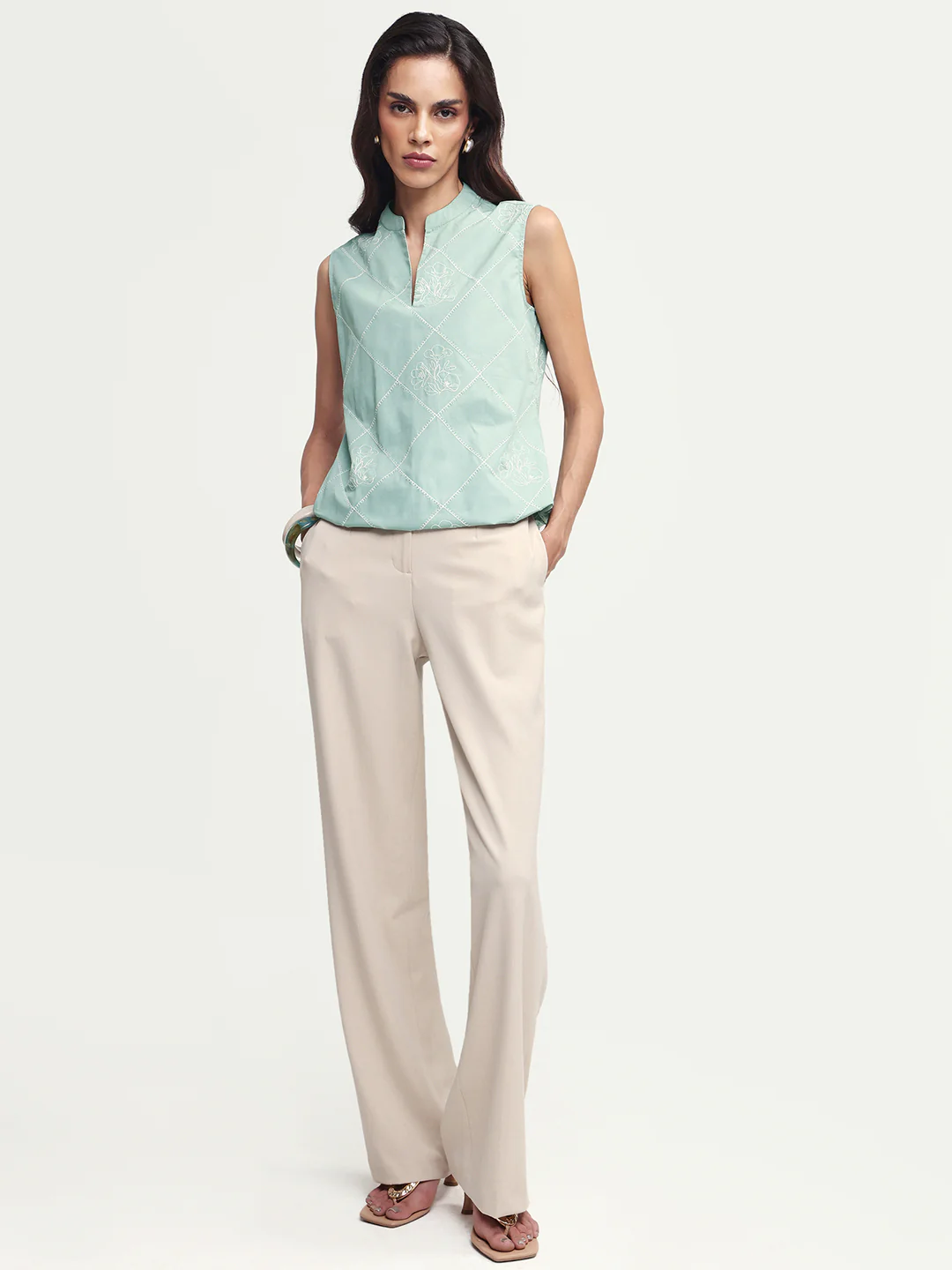 Rareism Women's Hax Dusky Green Cotton Sleeveless Band Collar Pull-On Regular Plain Top - Image 2