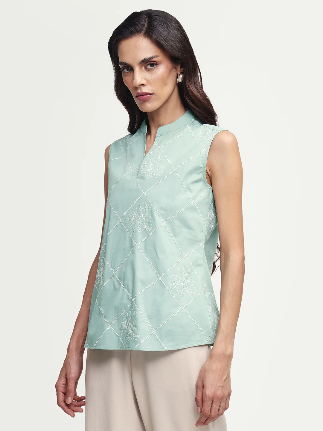Rareism Women's Hax Dusky Green Cotton Sleeveless Band Collar Pull-On Regular Plain Top - Image 4