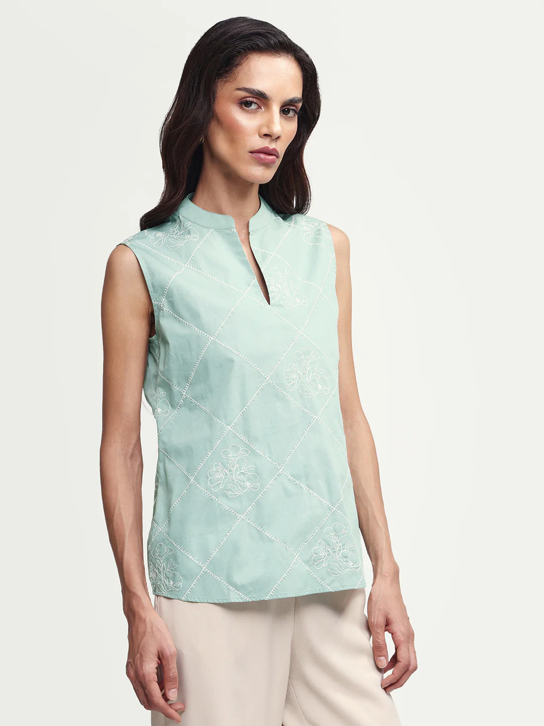 Rareism Women's Hax Dusky Green Cotton Sleeveless Band Collar Pull-On Regular Plain Top - Image 5