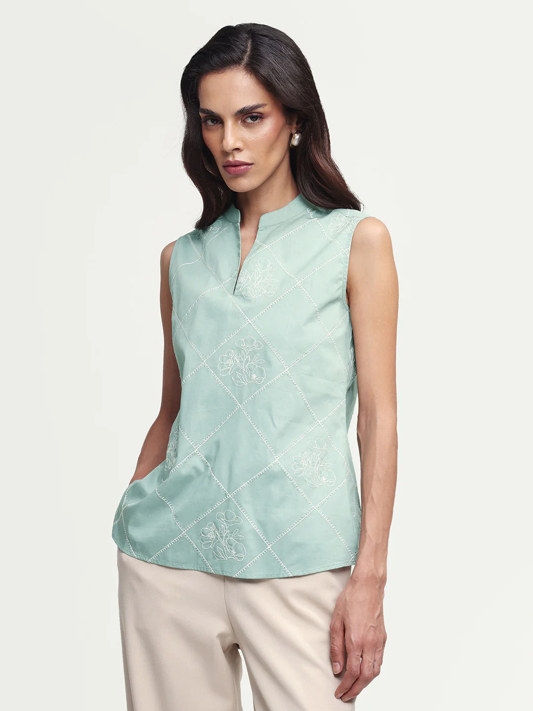Rareism Women's Hax Dusky Green Cotton Sleeveless Band Collar Pull-On Regular Plain Top - Image 6