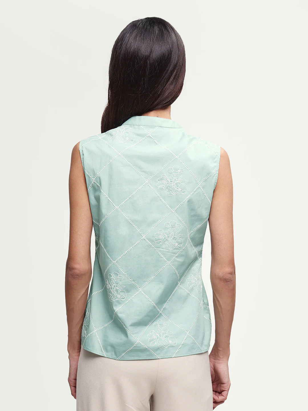 Rareism Women's Hax Dusky Green Cotton Sleeveless Band Collar Pull-On Regular Plain Top - Image 7