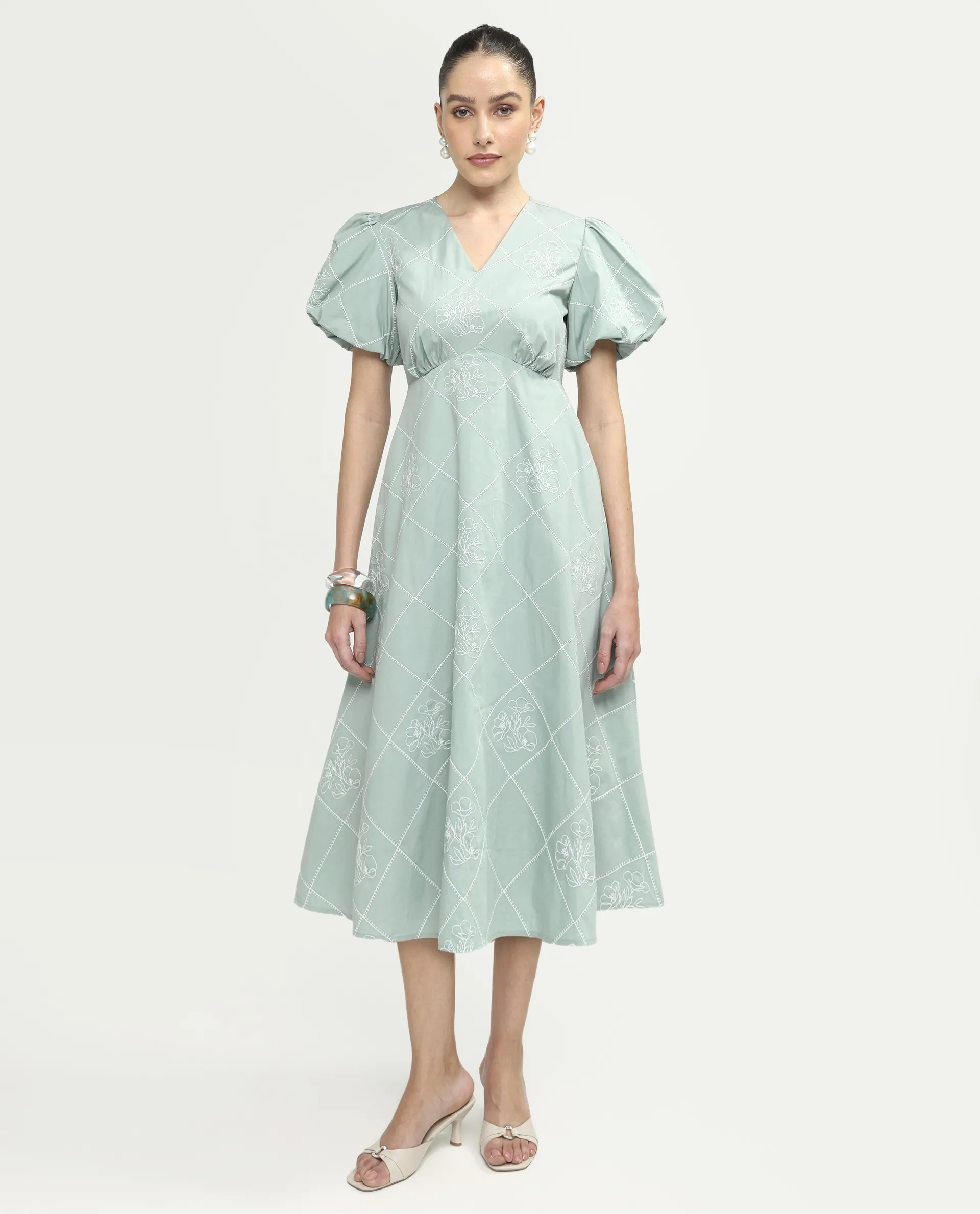 Rareism Women's Haxa Dusky Green Cotton Half Sleeve V-Neck Fit And Flare Plain Dress - Image 2