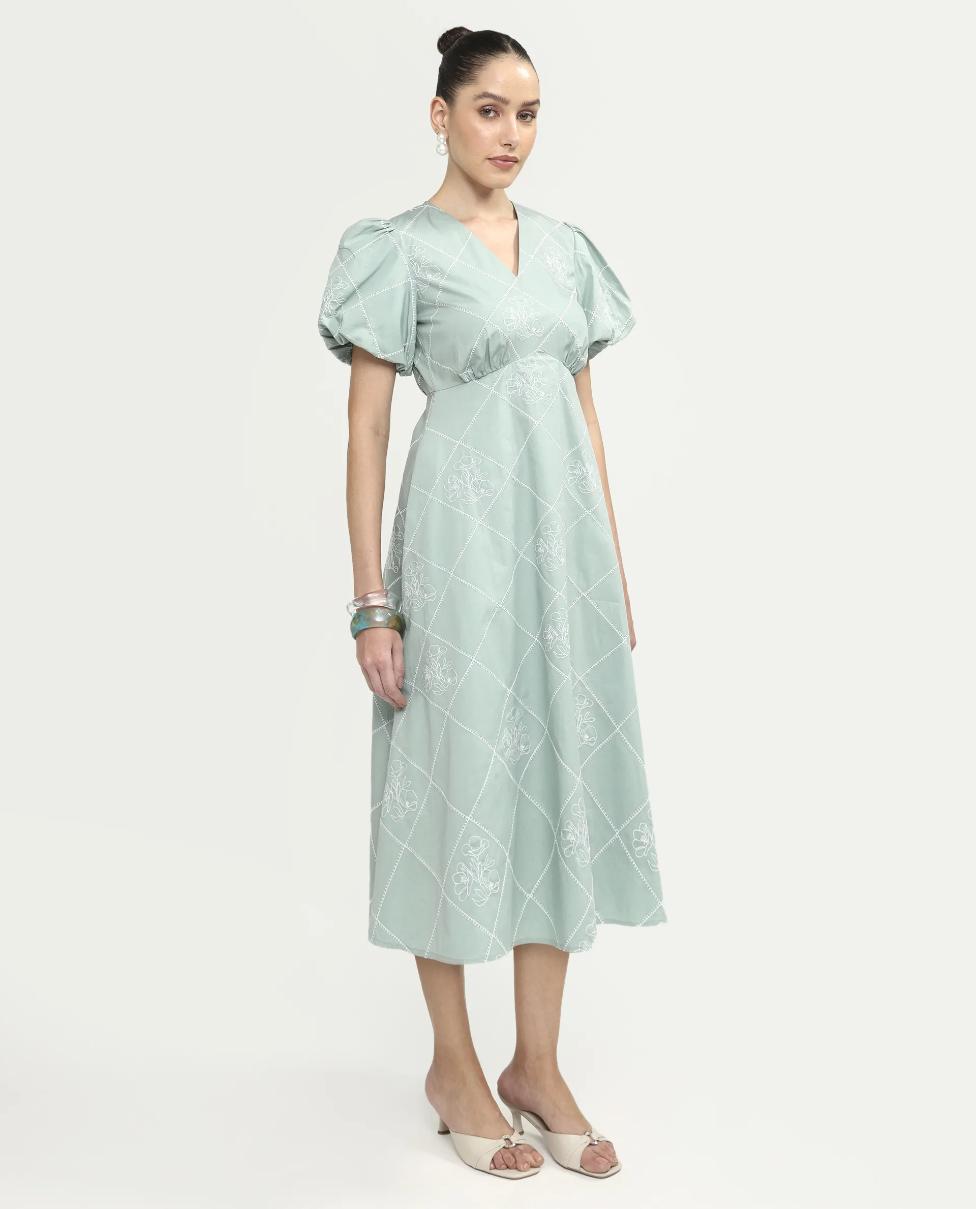 Rareism Women's Haxa Dusky Green Cotton Half Sleeve V-Neck Fit And Flare Plain Dress - Image 7