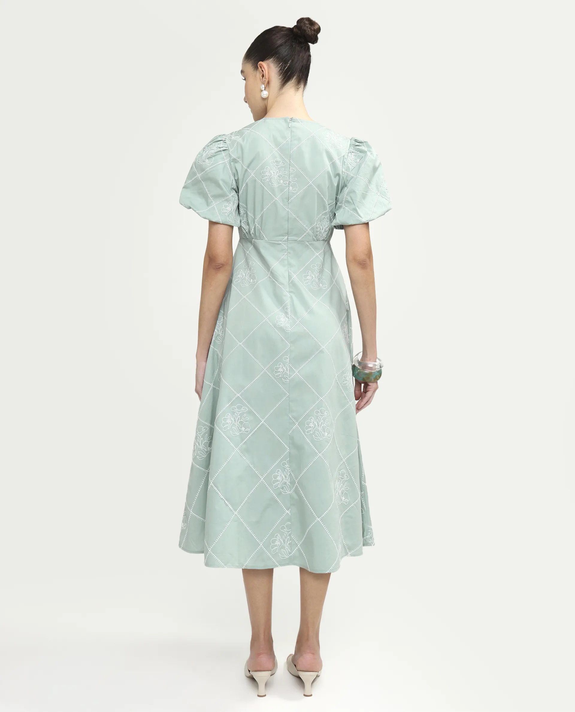 Rareism Women's Haxa Dusky Green Cotton Half Sleeve V-Neck Fit And Flare Plain Dress - Image 8