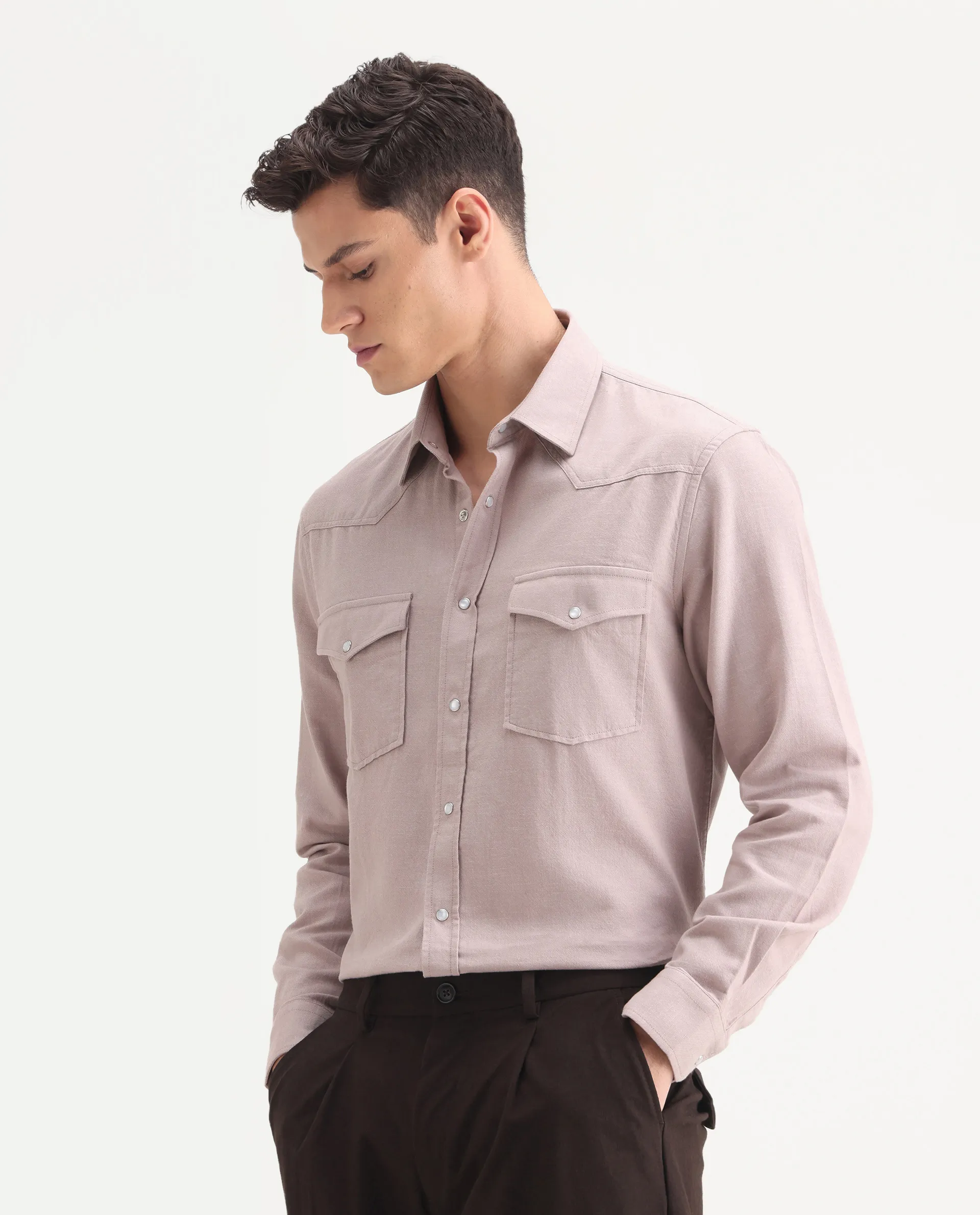 Rare Rabbit Men's Haxlr-25 Dusky Pink Cotton Blend Plain Regular Fit Full Sleeve Collared Shirt - Image 5