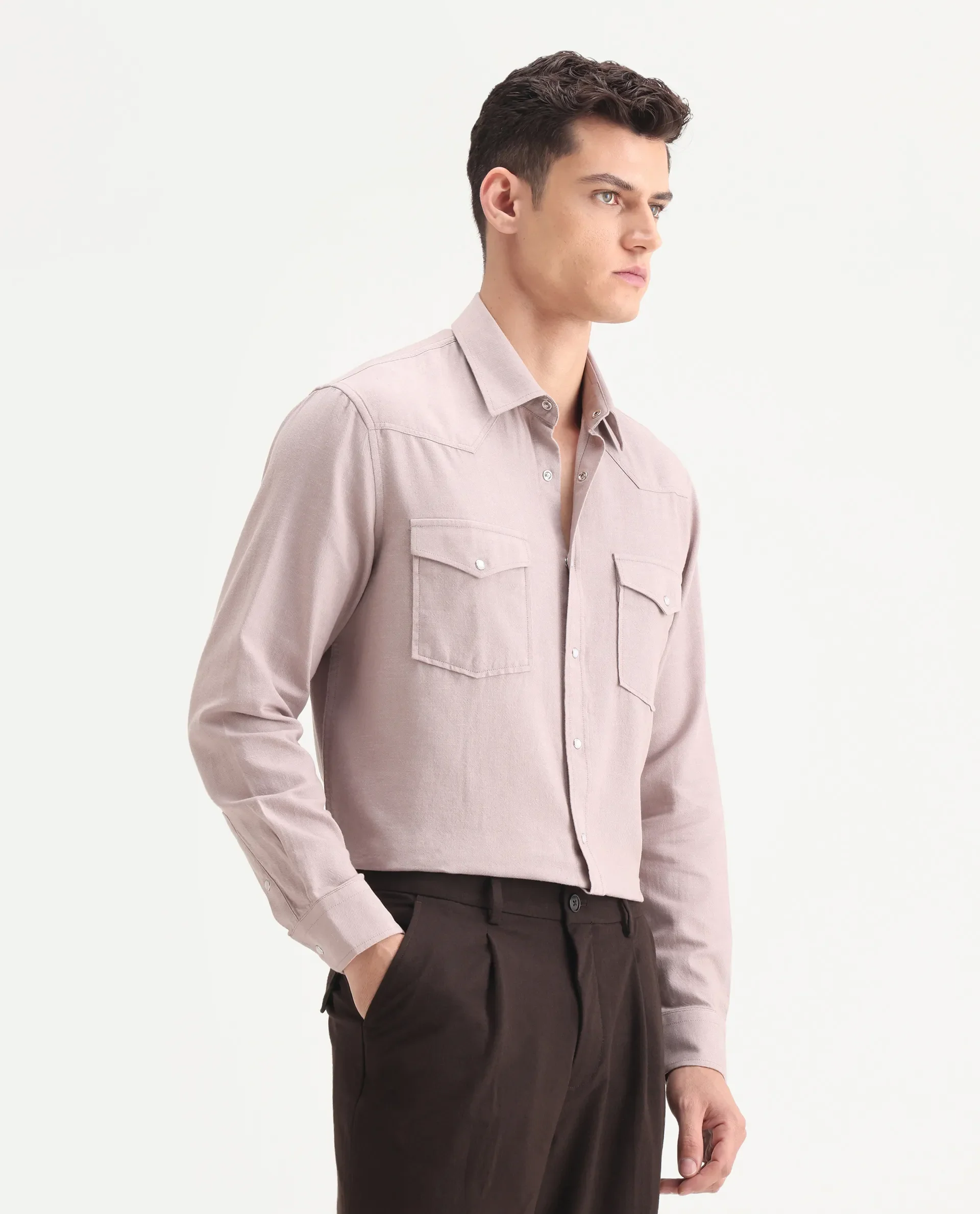 Rare Rabbit Men's Haxlr-25 Dusky Pink Cotton Blend Plain Regular Fit Full Sleeve Collared Shirt - Image 6