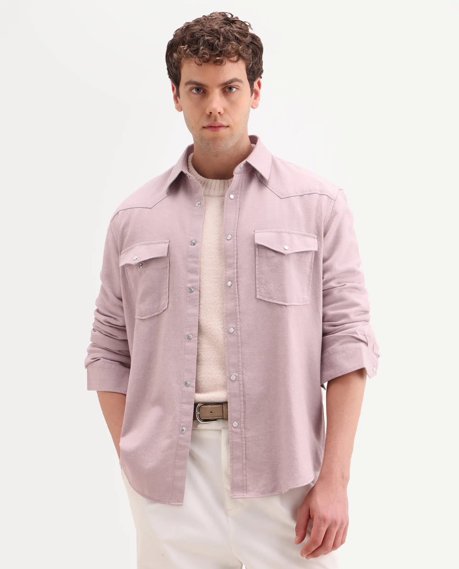 Rare Rabbit Men's Haxlr 26 Dusky Pink Cotton Blend Fabric Full Sleeve Spread Collar Snap Button Regular Fit Plain Shirt - Image 4