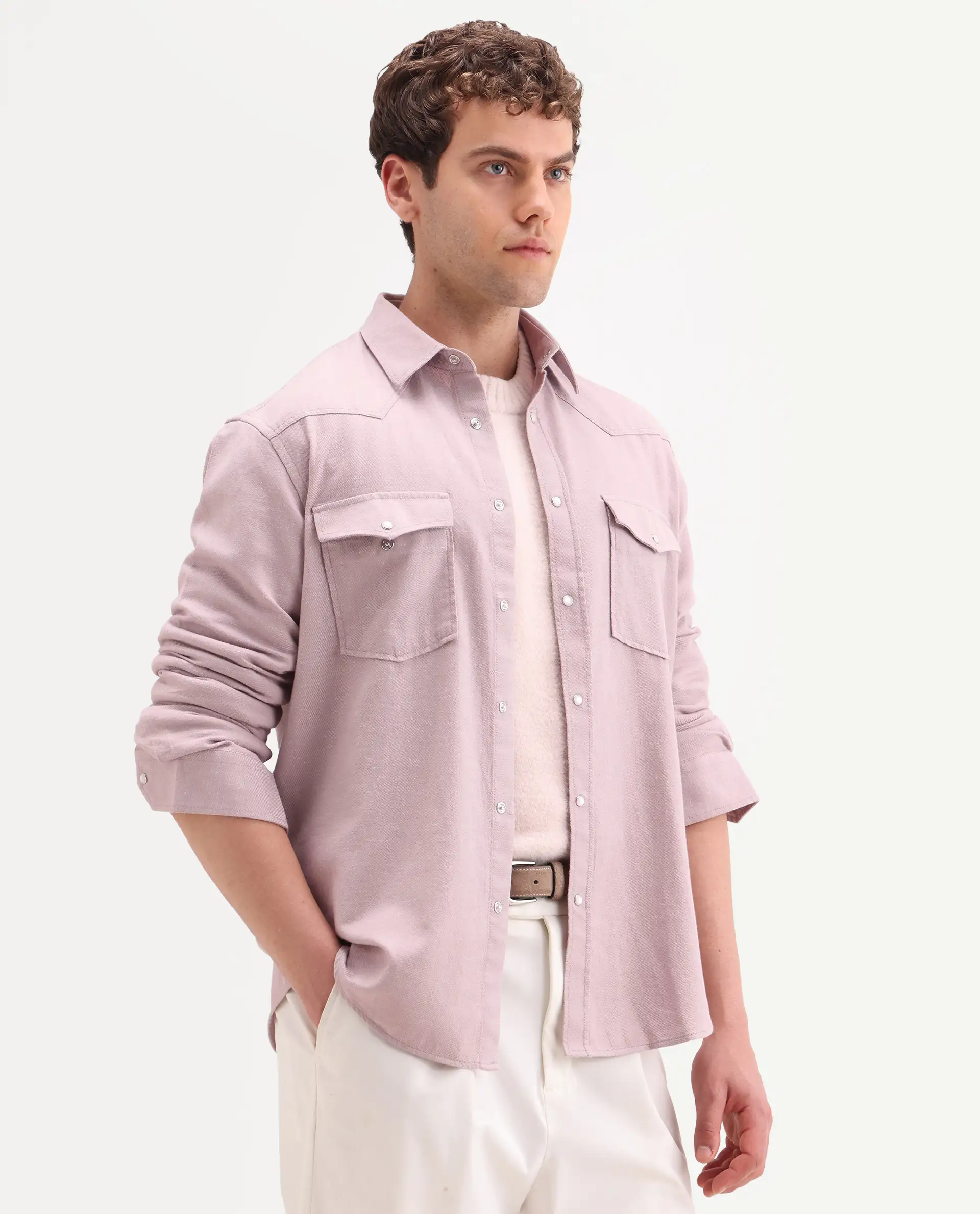 Rare Rabbit Men's Haxlr 26 Dusky Pink Cotton Blend Fabric Full Sleeve Spread Collar Snap Button Regular Fit Plain Shirt - Image 5