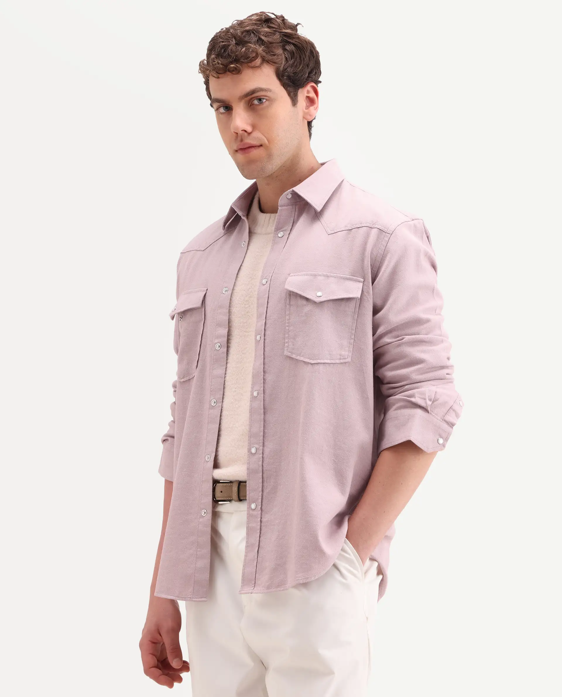 Rare Rabbit Men's Haxlr 26 Dusky Pink Cotton Blend Fabric Full Sleeve Spread Collar Snap Button Regular Fit Plain Shirt - Image 6