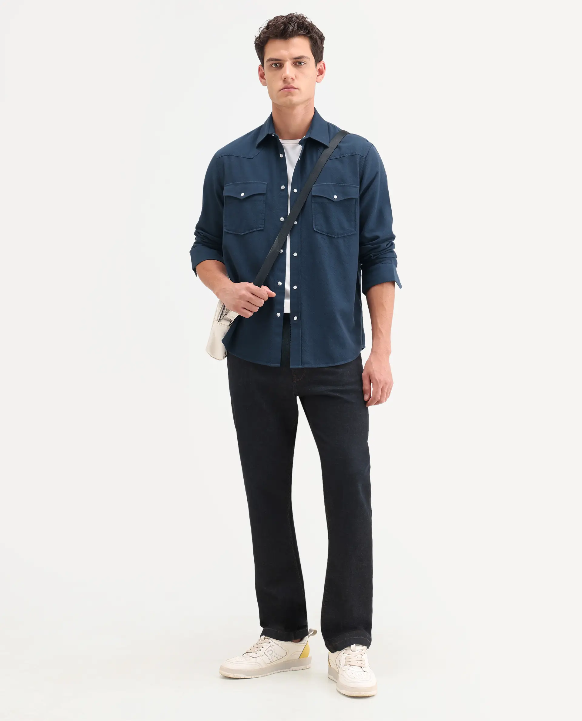 Rare Rabbit Men's Haxlr 26 Navy Cotton Blend Fabric Full Sleeve Spread Collar Snap Button Regular Fit Plain Shirt - Image 2