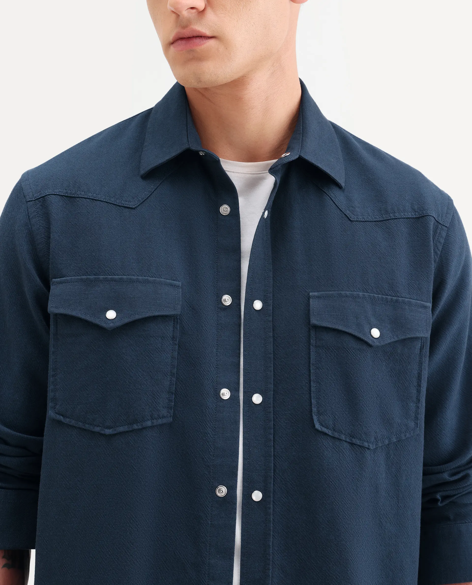 Rare Rabbit Men's Haxlr 26 Navy Cotton Blend Fabric Full Sleeve Spread Collar Snap Button Regular Fit Plain Shirt - Image 3