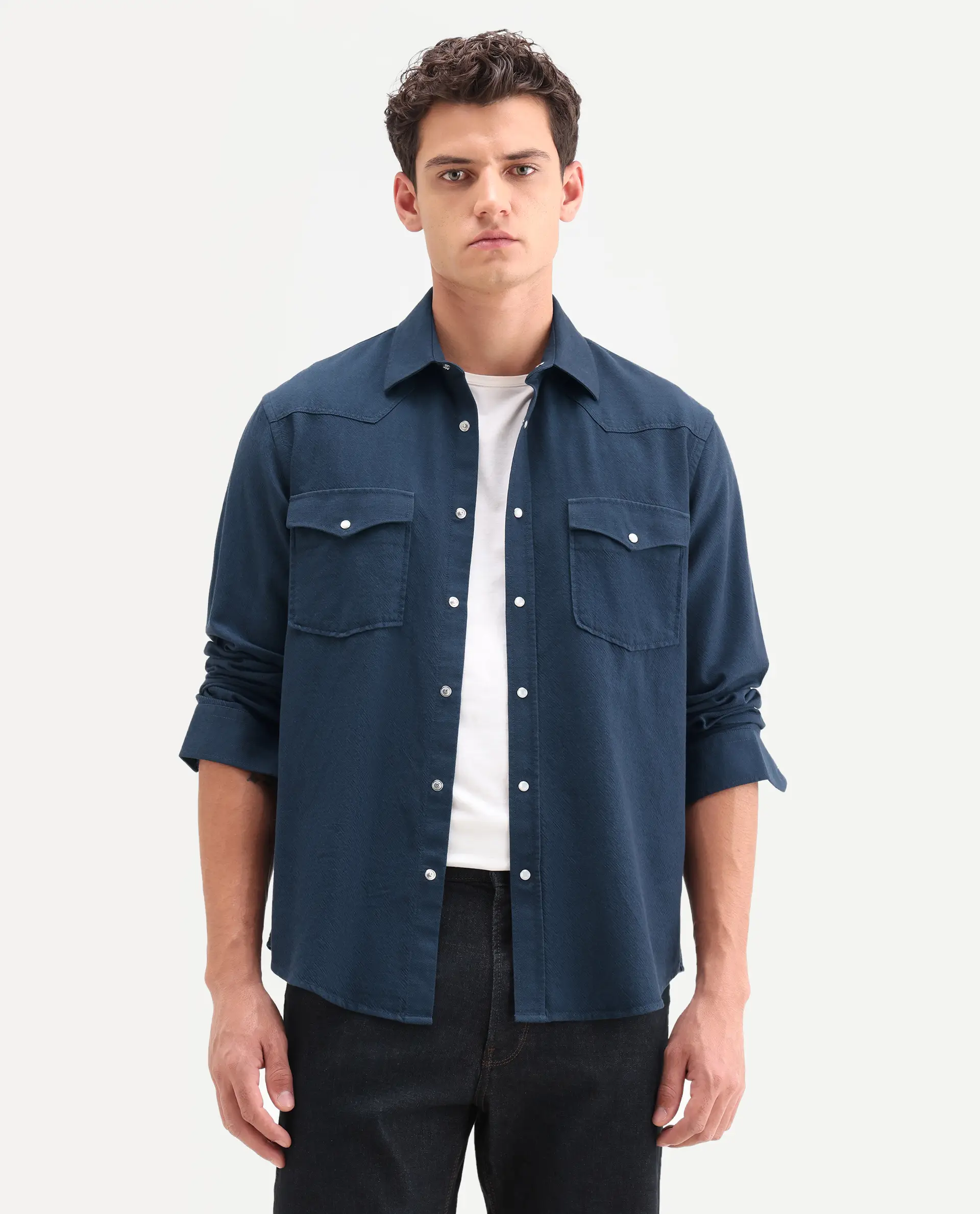 Rare Rabbit Men's Haxlr 26 Navy Cotton Blend Fabric Full Sleeve Spread Collar Snap Button Regular Fit Plain Shirt - Image 4