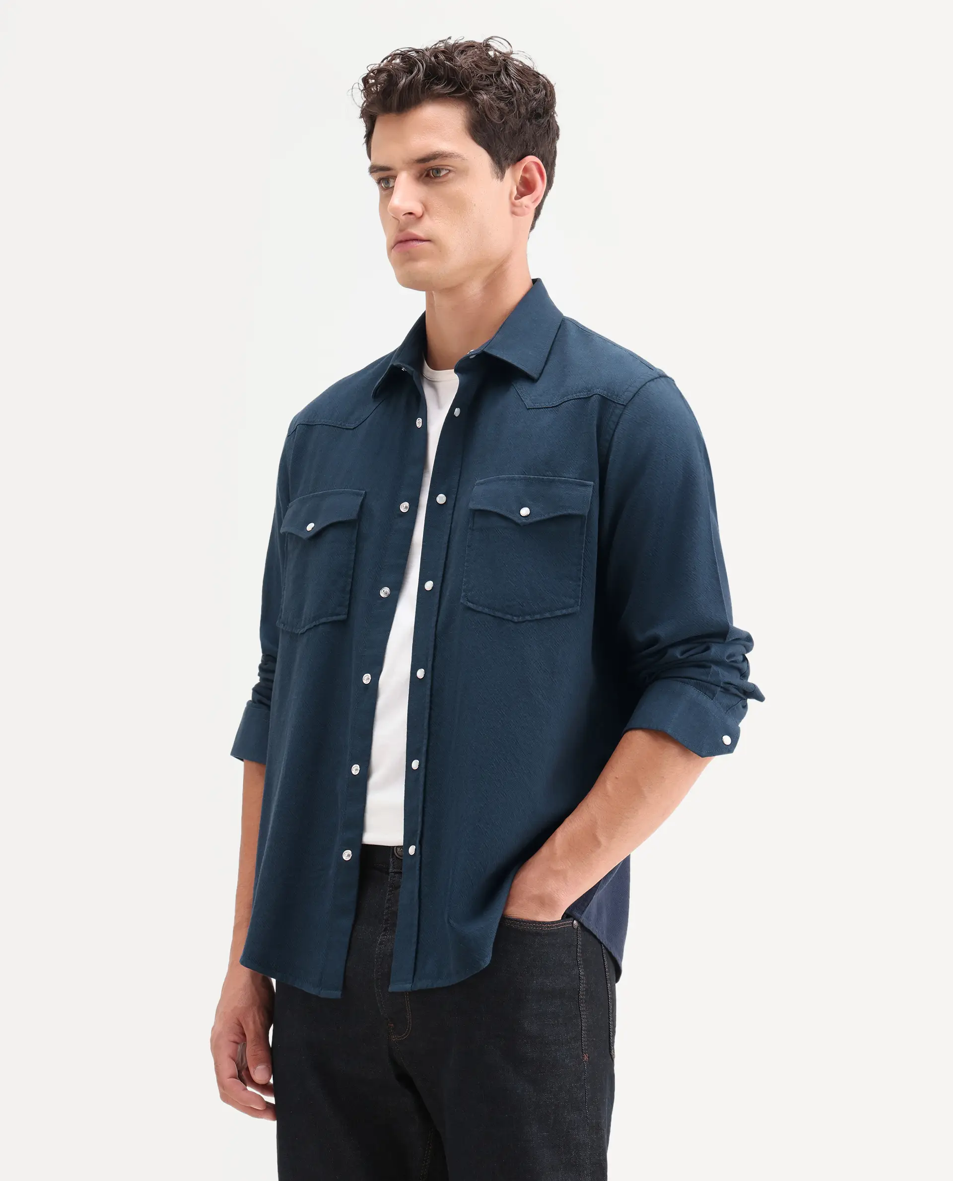 Rare Rabbit Men's Haxlr 26 Navy Cotton Blend Fabric Full Sleeve Spread Collar Snap Button Regular Fit Plain Shirt - Image 5